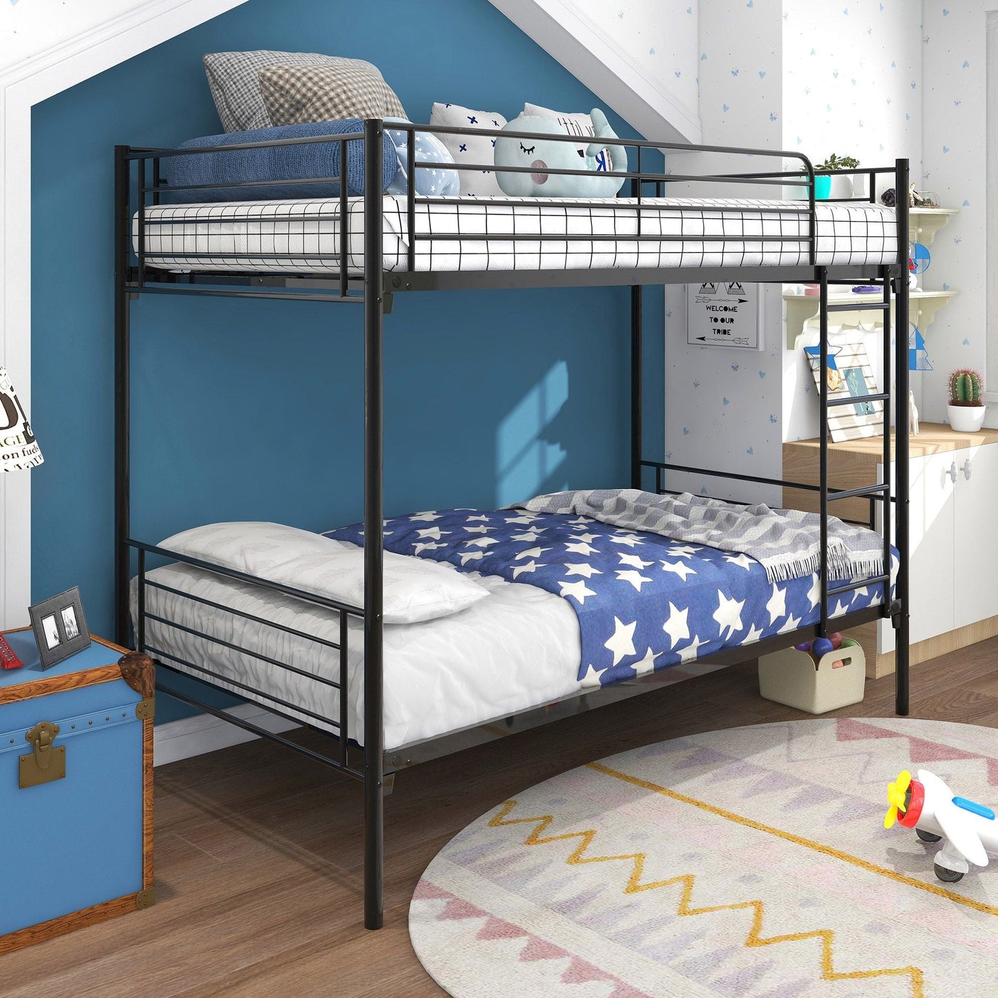 Twin over Twin Bunk Bed,  Metal Frame with Ladder
