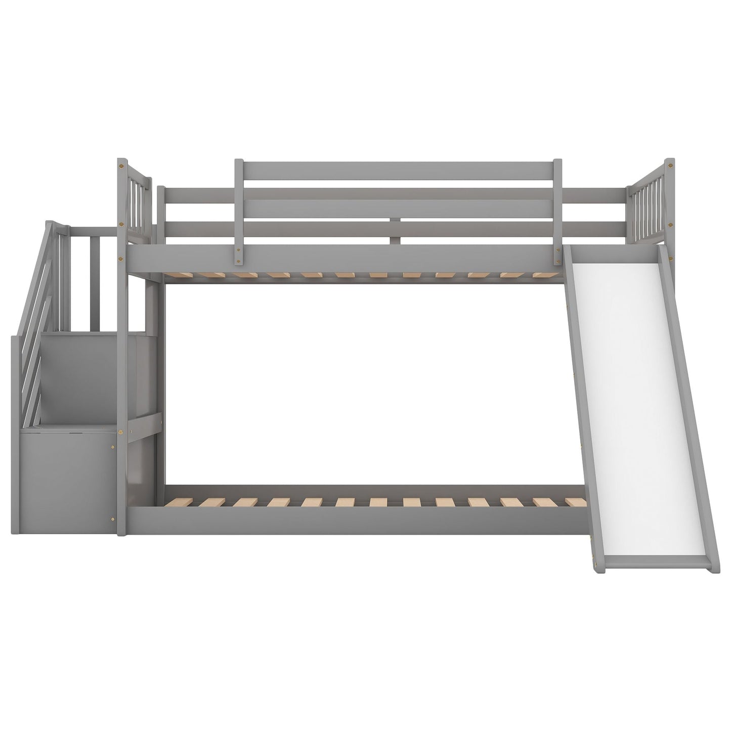 Convertible Twin Over Twin Wood Bunk Bed with Slide and Stairway, White | Just Better Bunk Beds