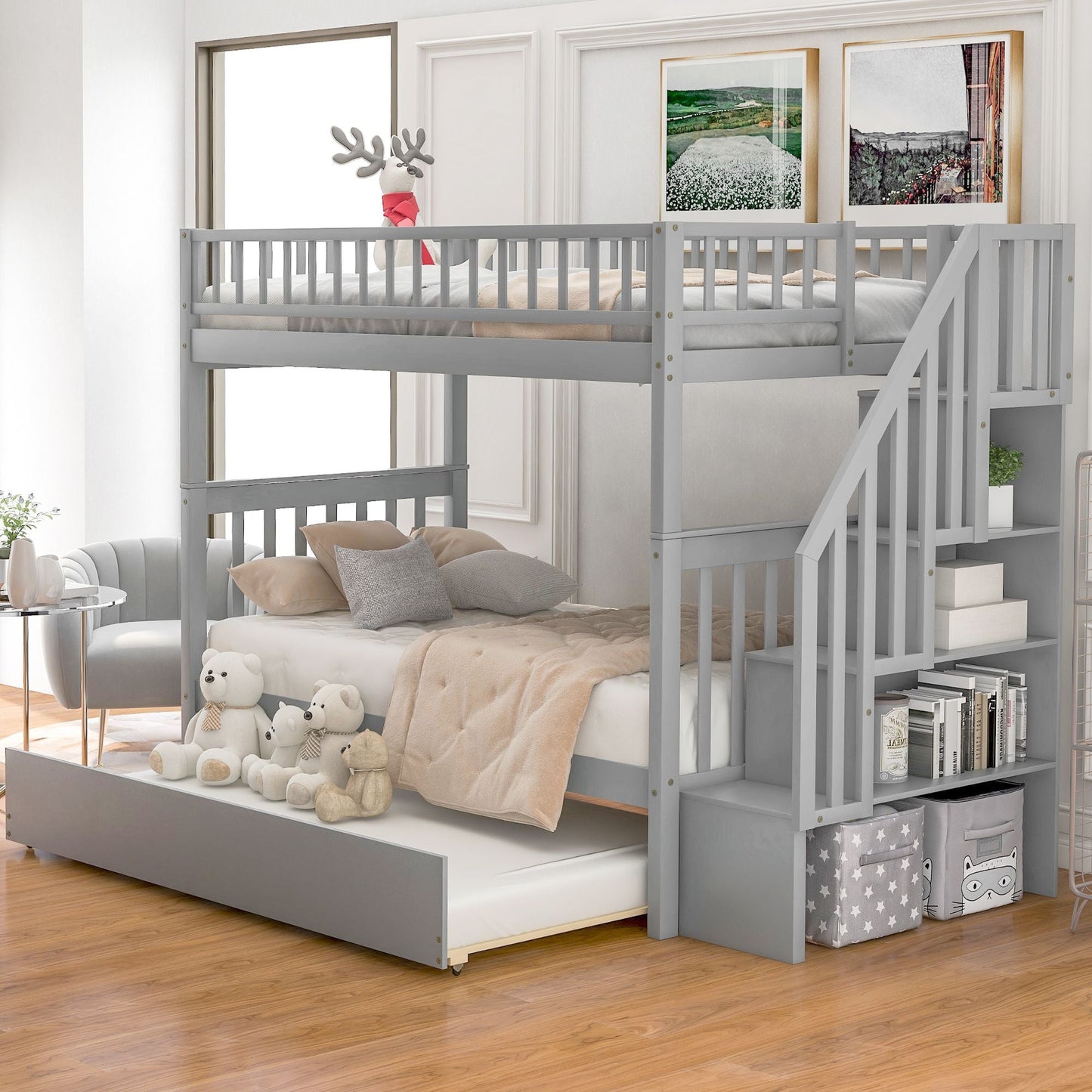 Storage-Enhanced Twin Over Twin Wood Bunk Bed with Trundle, Gray | Just Better Bunk Beds