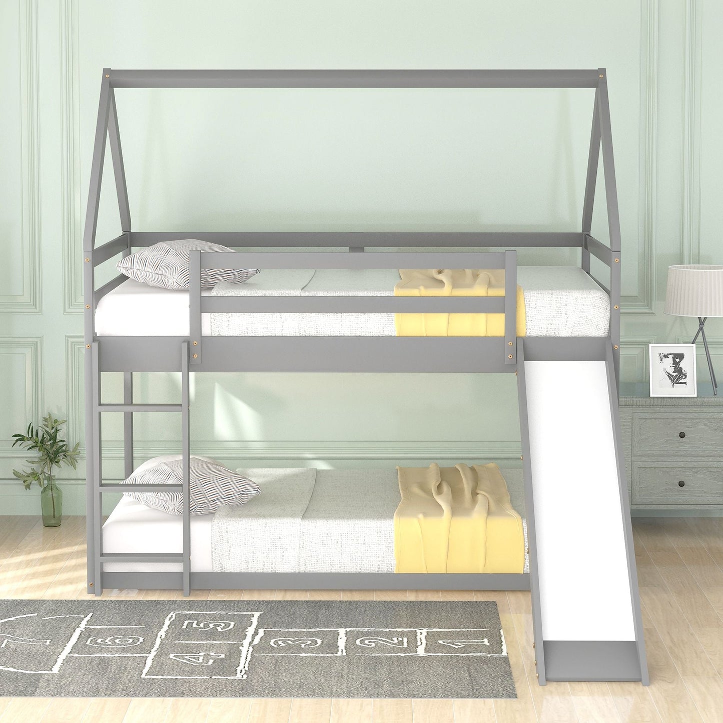 House-Style Low Twin Over Twin Wood Bunk Bed with Ladder, White | Just Better Bunk Beds