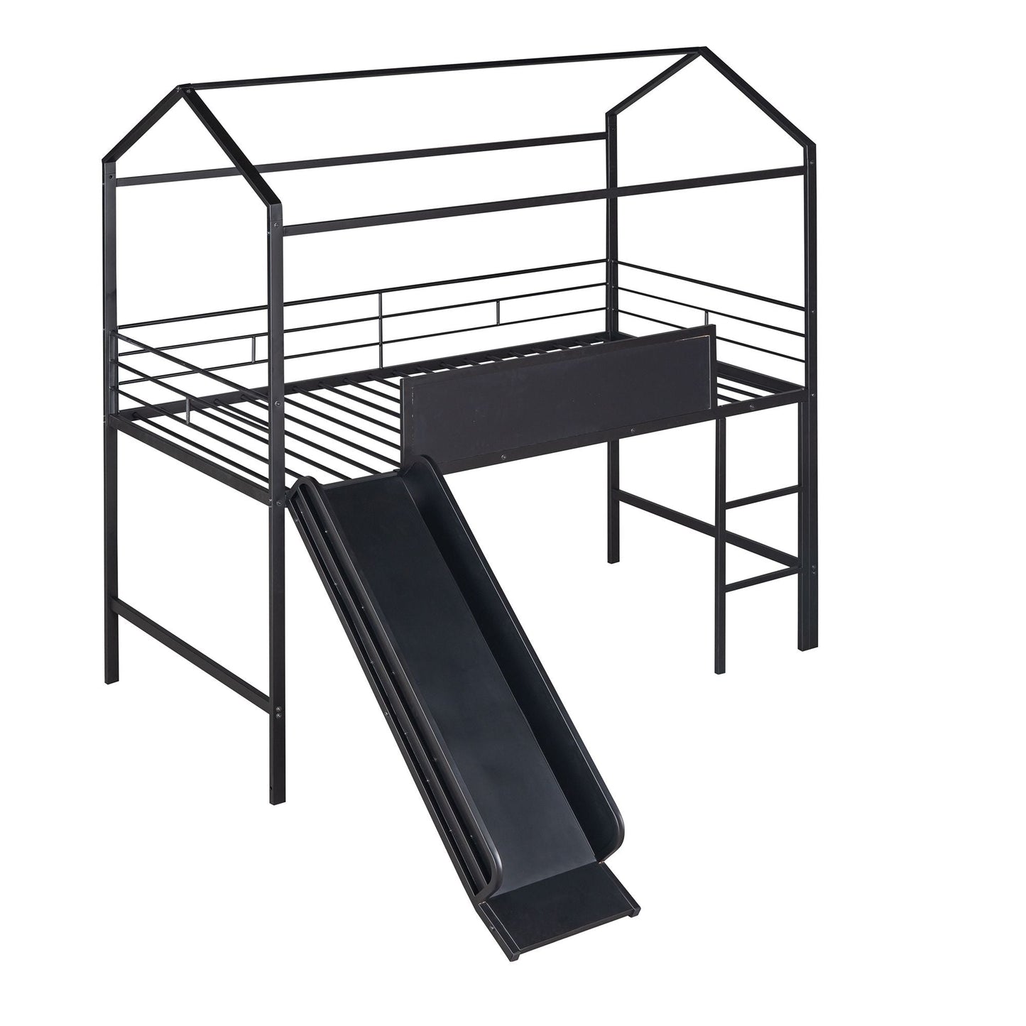 Metal House Bed With Slide,  Twin Size Metal Loft Bed with Two-sided writable Wooden Board (Black )