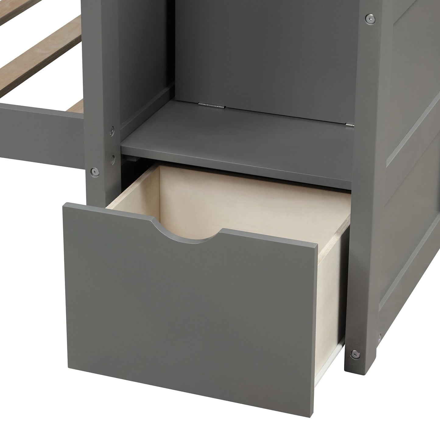 Convertible Twin Over Full/Twin Wood Bunk Bed with Storage Shelves and Drawers, Gray | Just Better Bunk Beds