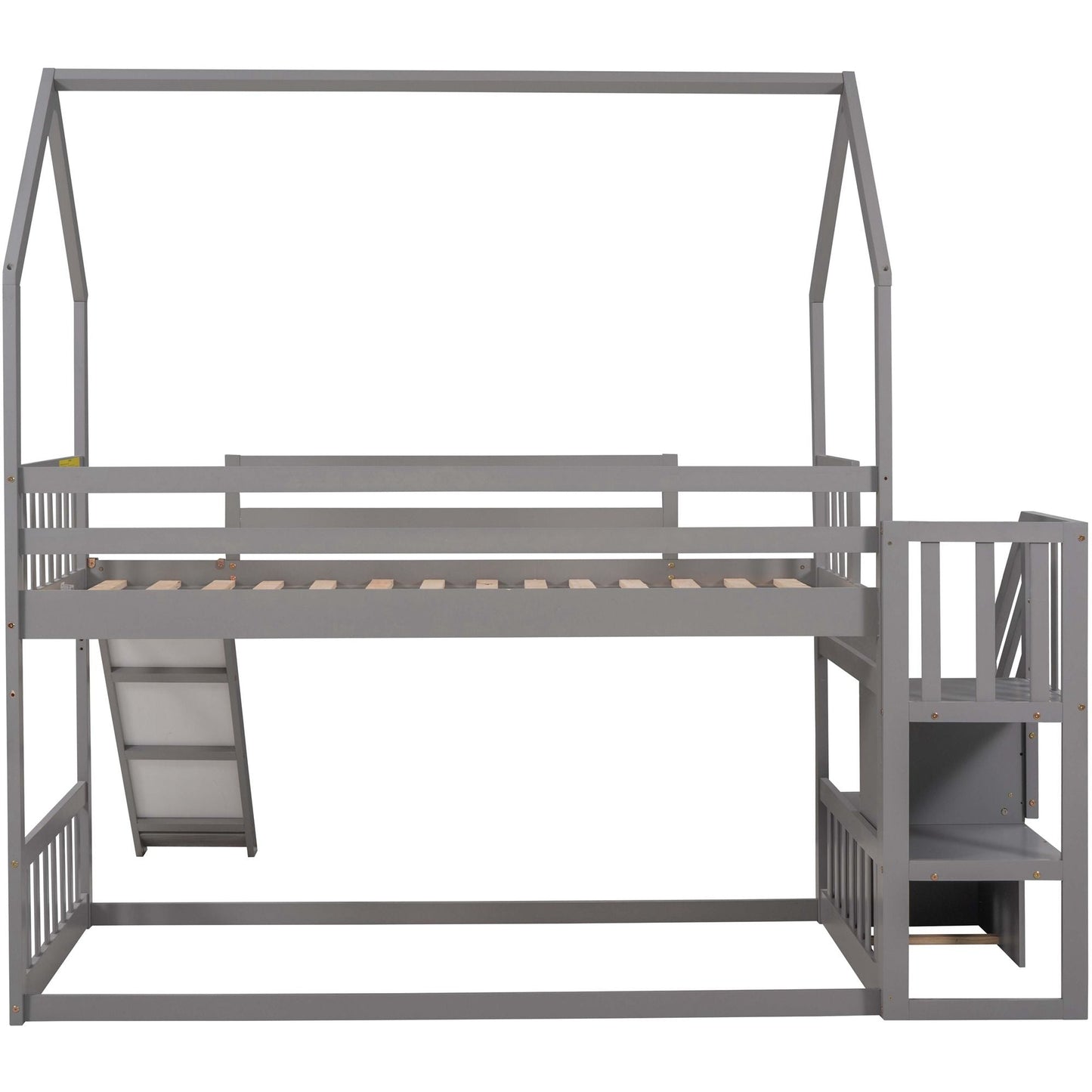 House-Style Twin Over Twin Wood Bunk Bed with Convertible Slide and Storage Staircase, Gray | Just Better Bunk Beds