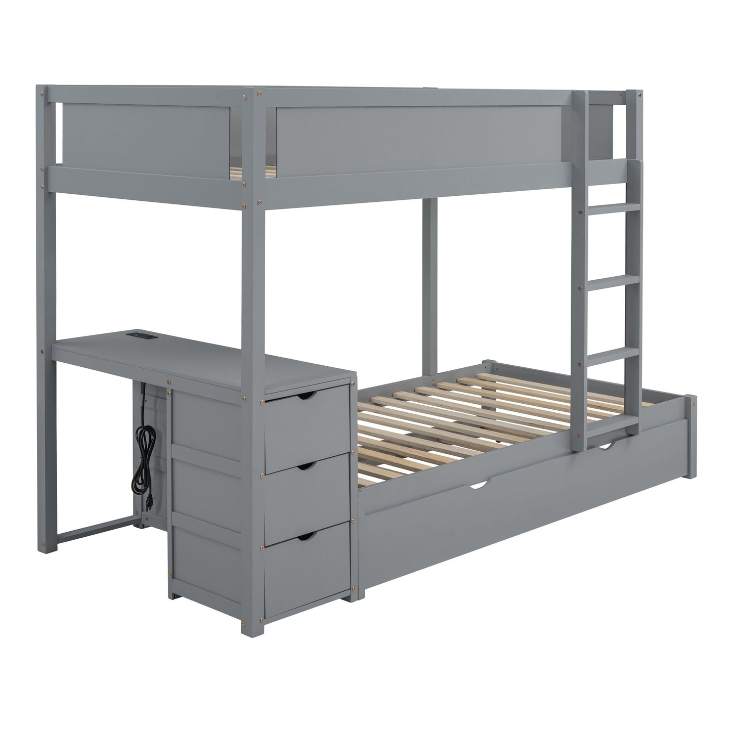 Space-Saving Twin Over Twin Wood Bunk Bed with Twin Trundle, Storage, Desk, Gray | Just Better Bunk Beds