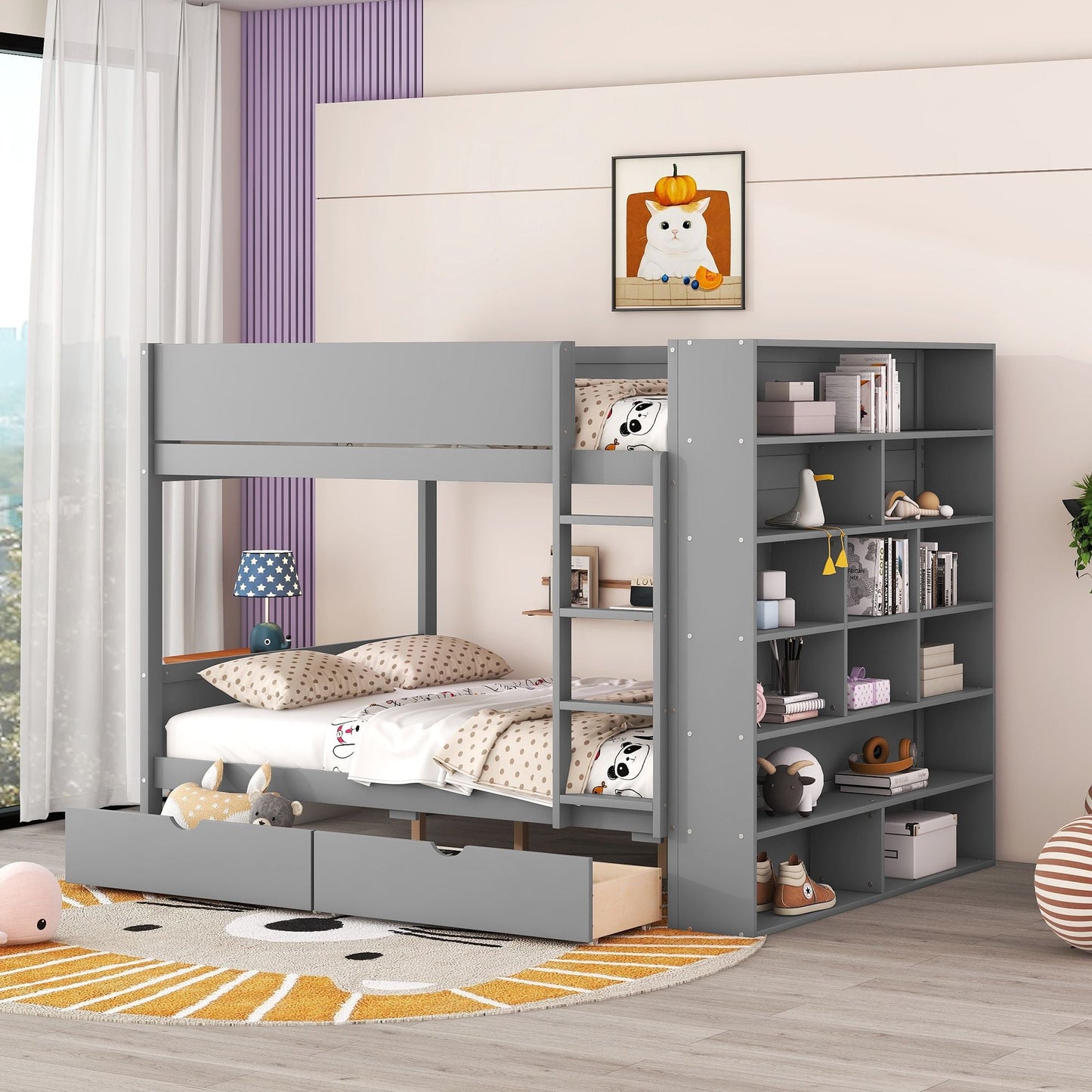 Storage Full Over Full Wood Bunk Bed with 2 Drawers and Multi-Layer Cabinet, Gray | Just Better Bunk Beds