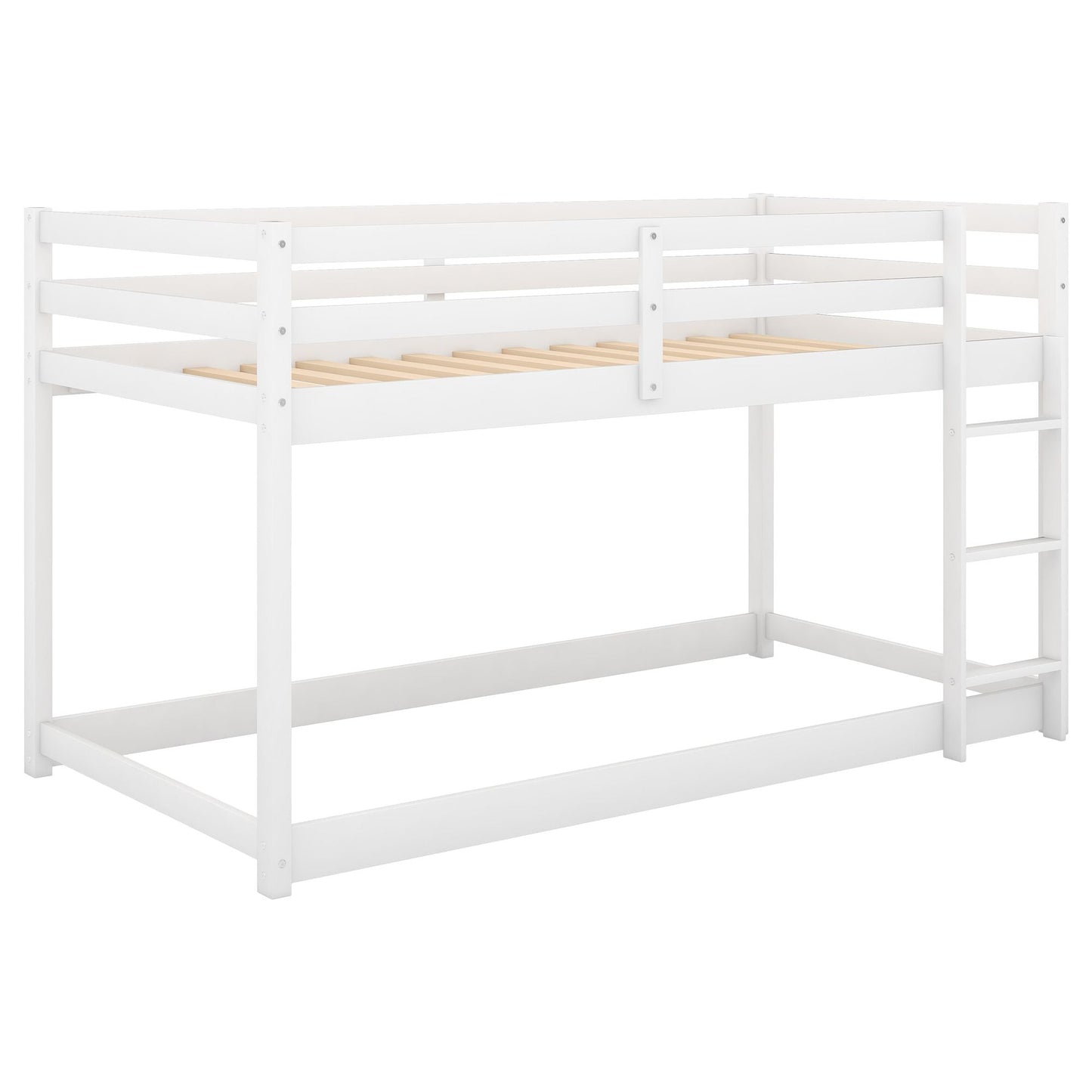 Kids Bedroom Twin Over Twin Wood Floor Bunk Bed with Ladder, White | Just Better Bunk Beds