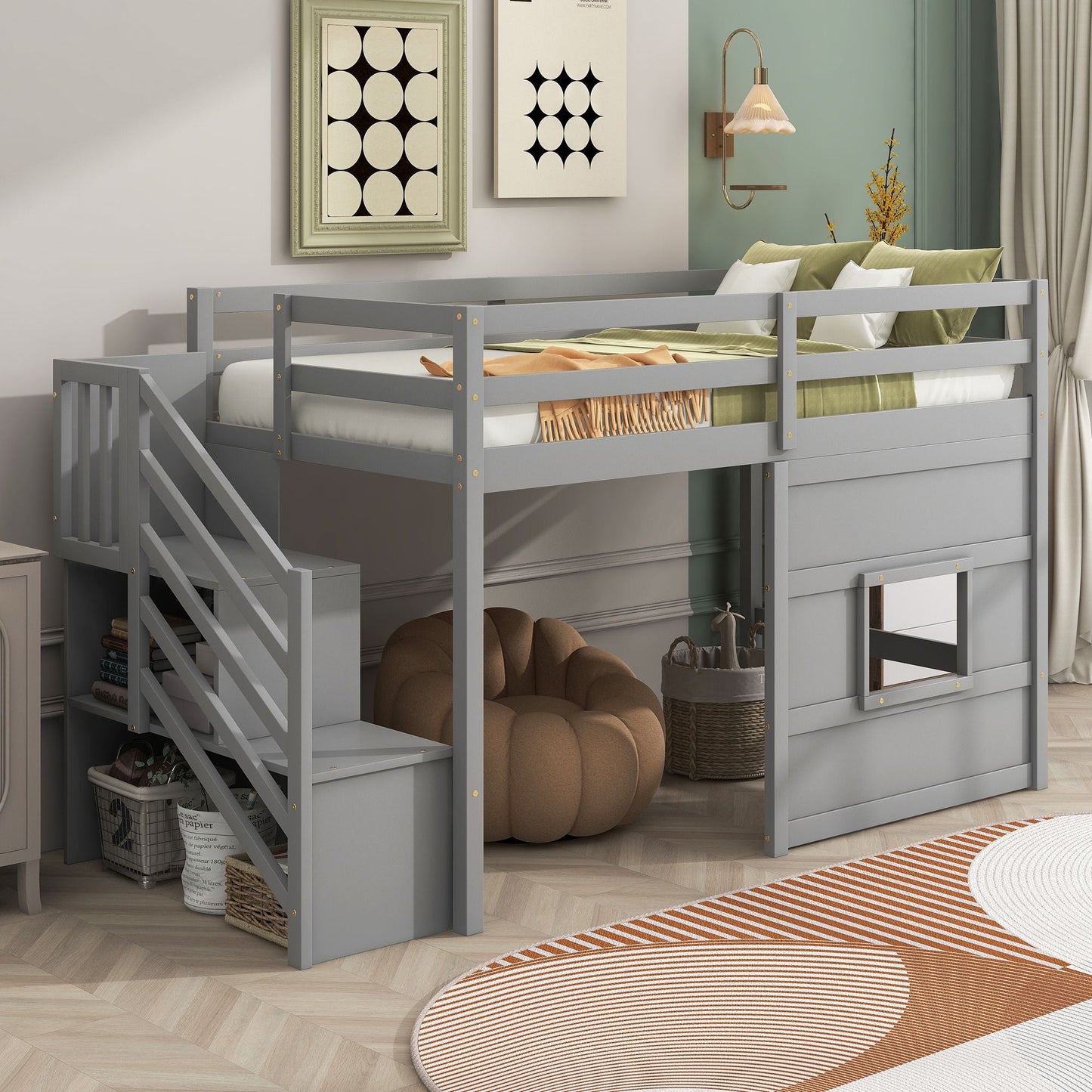 Space-Saving Twin Loft Wood Bed with Storage Staircase and Window, White | Just Better Bunk Beds