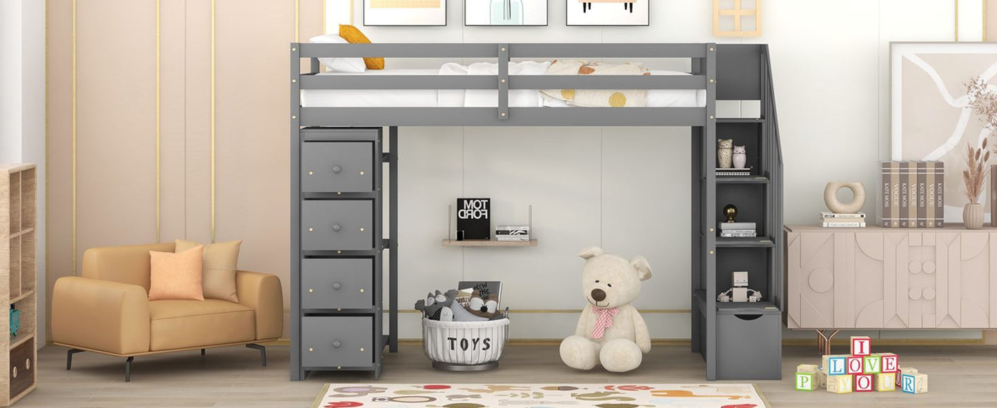 Kids Bedroom Twin Wood Loft Bed with Storage Drawers and Stairs, Espresso | Just Better Bunk Beds