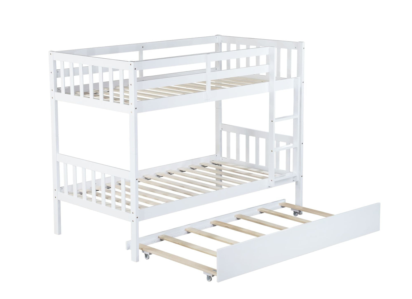Convertible Twin Over Twin Rubber Wood Bunk Bed with Trundle, Ladder, Safety Guardrails, White | Just Better Bunk Beds