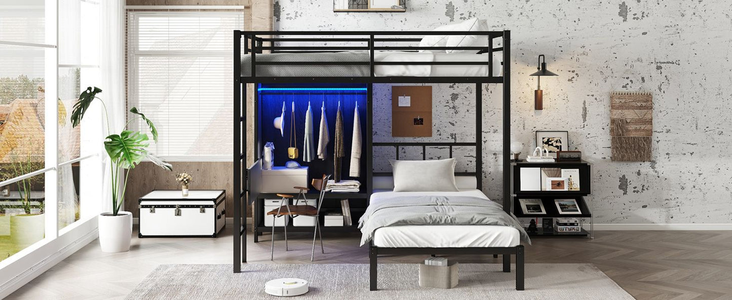 Space-Saving Full XL Over Twin Metal Bunk Bed with Folding Desk and LED Closet, Black | Just Better Bunk Beds