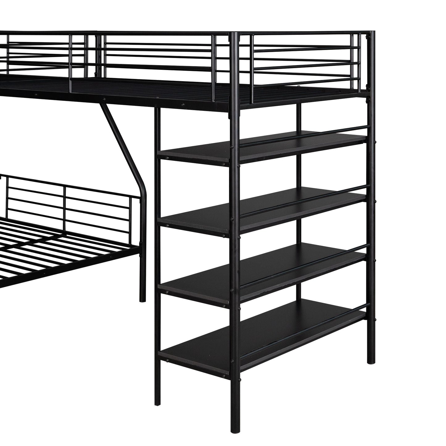 L-Shaped Metal Twin Over Full Bunk Bed and Loft Bed with Built-in Shelves, Black | Just Better Bunk Beds