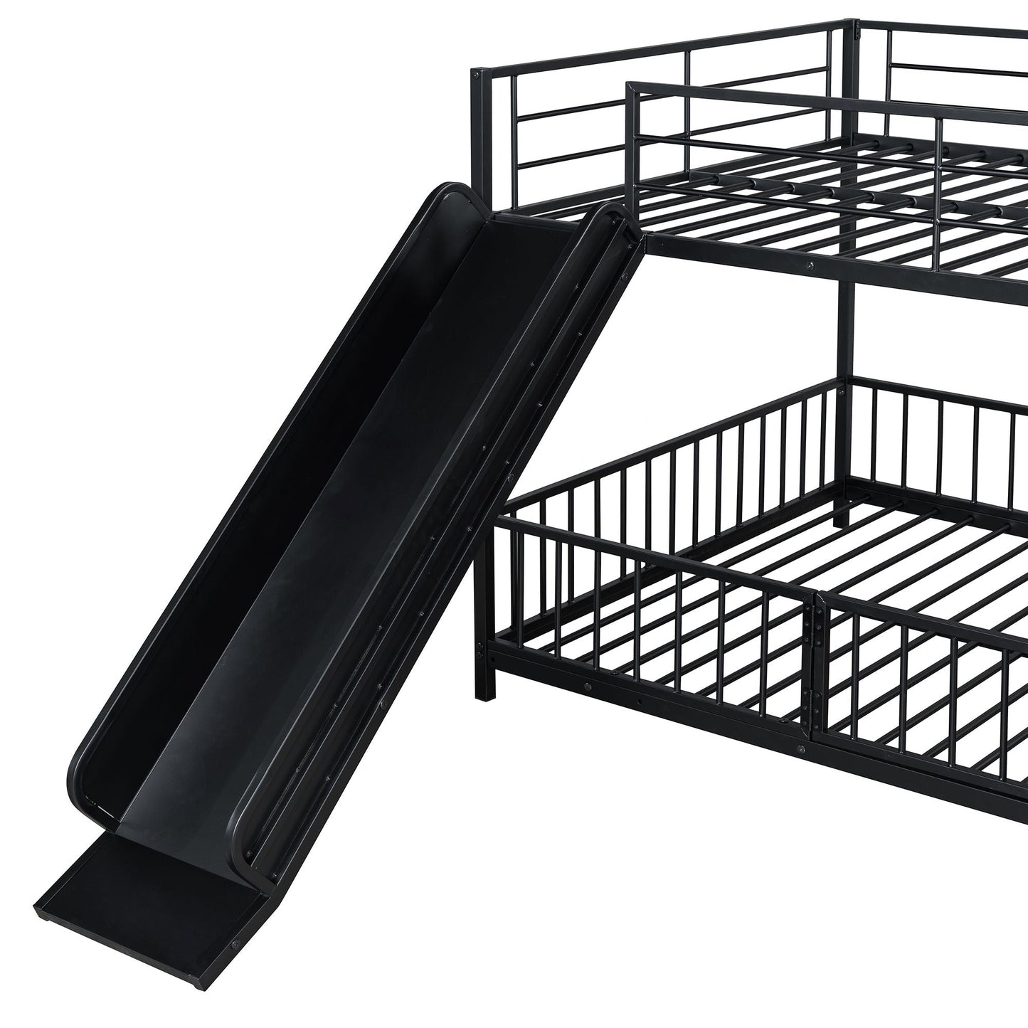 Full over Full Size Metal Bunk Bed with Slide and Guardrails,  Black