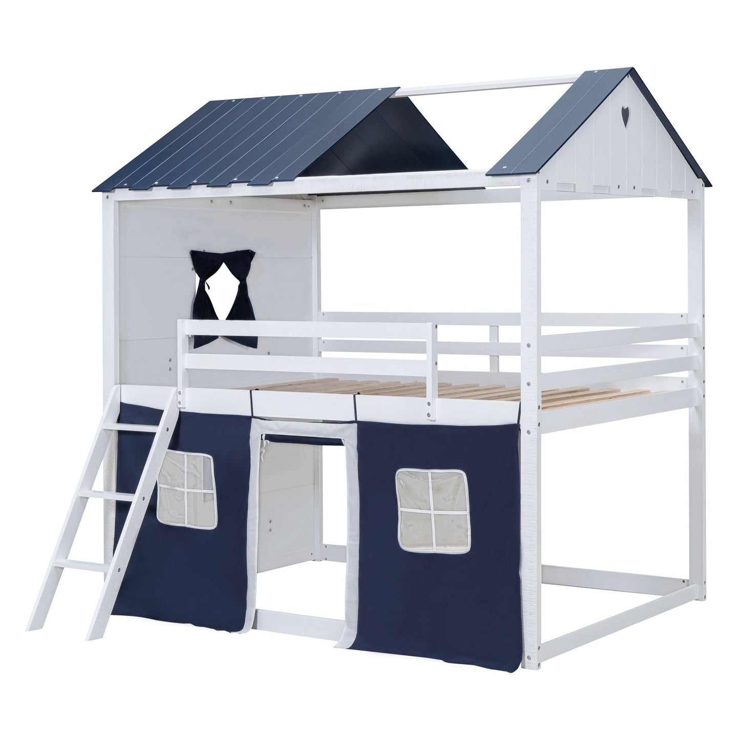 Kids Bedroom Full Wood House-Style Bunk Bed with Windows and Tent, Blue White | Just Better Bunk Beds