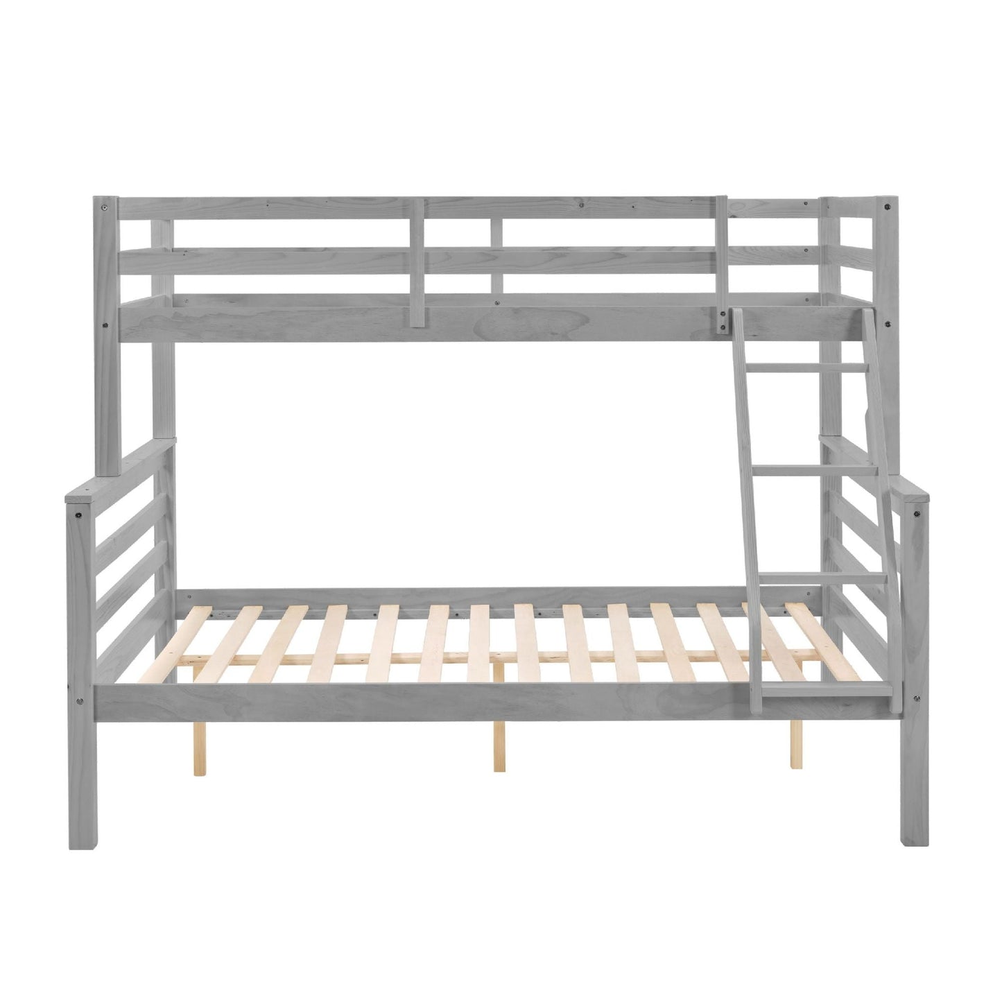 Durable Twin Over Full Wood Bunk Bed with Thick Posts, High Guardrail, Ladder, Gray | Just Better Bunk Beds