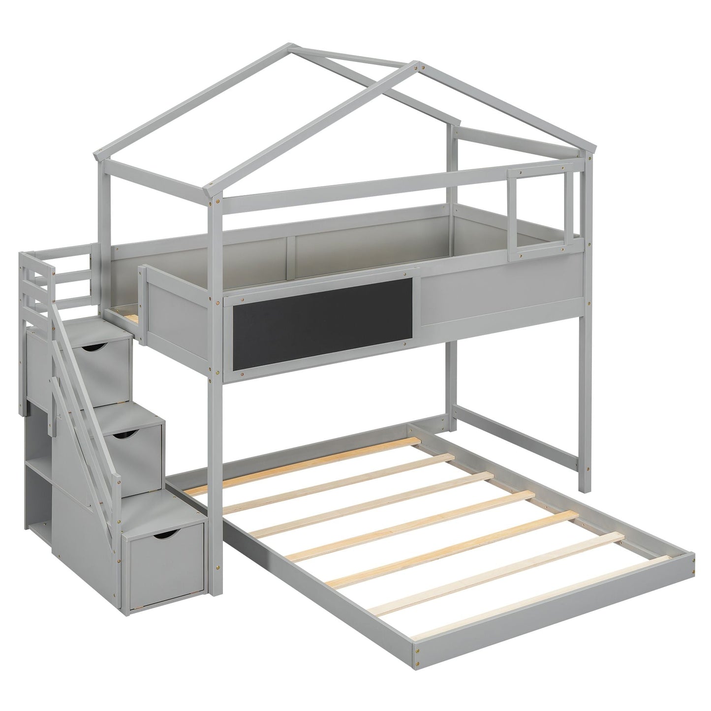 Staircase Storage Twin Over Full Wood House Bunk Bed with Blackboard, Gray and White | Just Better Bunk Beds