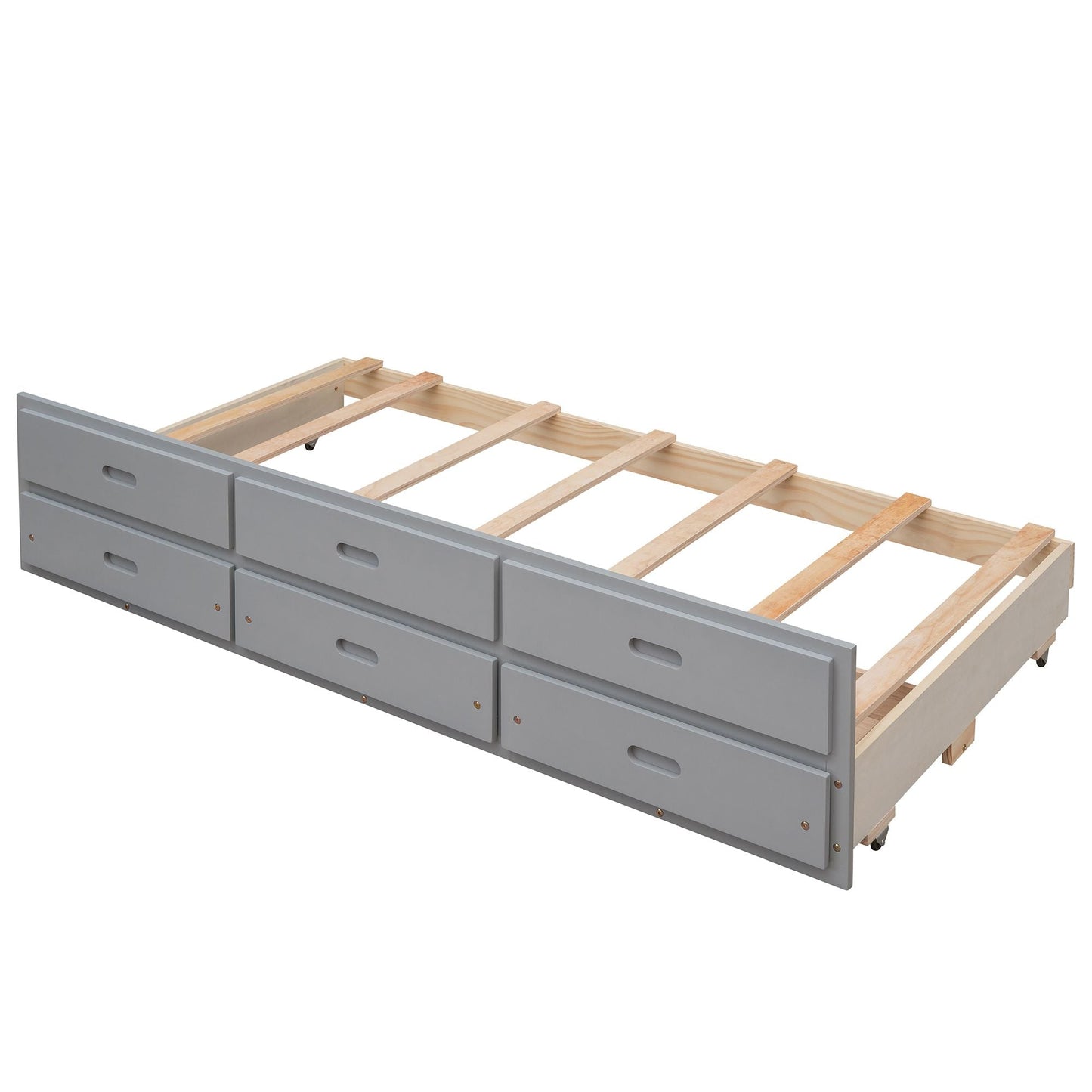 Space-Saving Twin Over Full Wood Bunk Bed with Twin Trundle and Drawers, Gray | Just Better Bunk Beds
