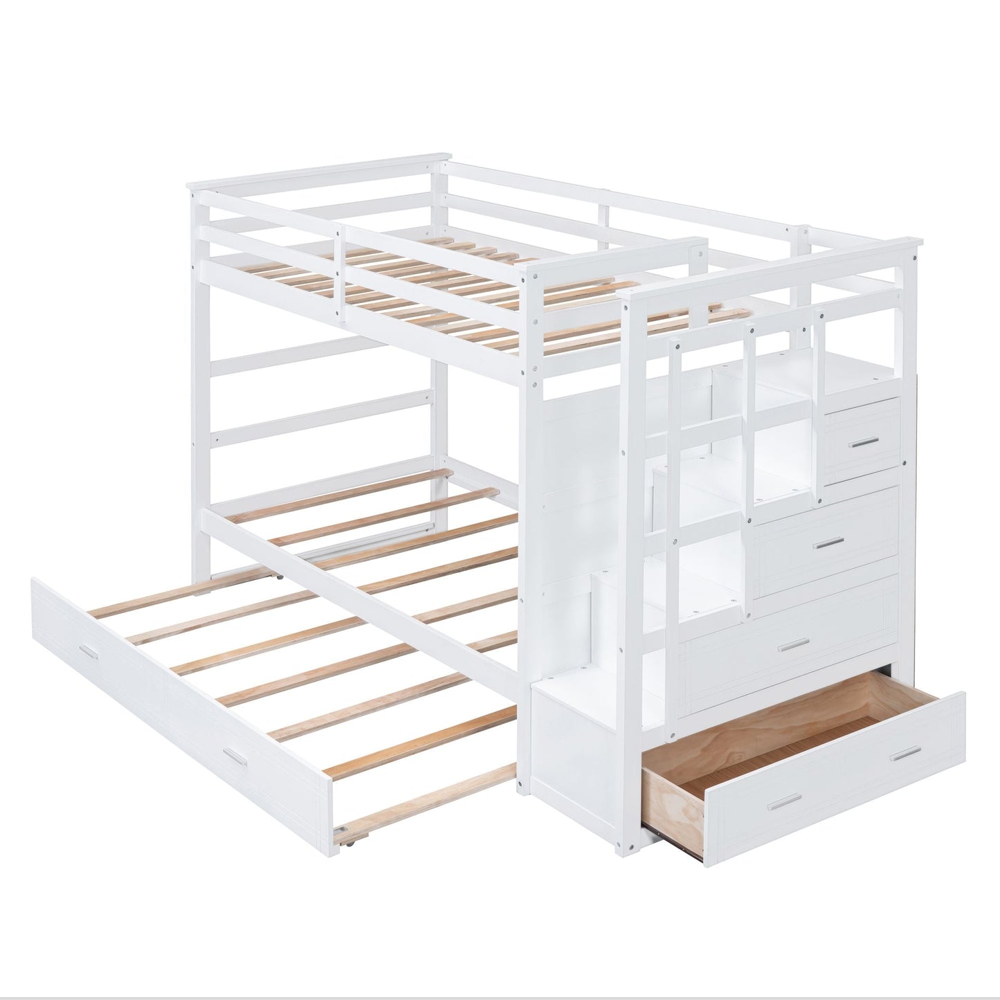 Shared Room Solution Twin Over Twin Wood Bunk Bed with Trundle and Staircase, White | Just Better Bunk Beds