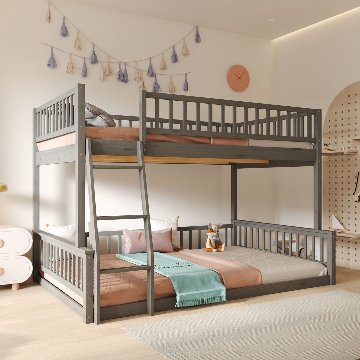 Space-Saving Full XL Over Queen Wood Bunk Bed with Ladder and Guardrails, Gray | Just Better Bunk Beds