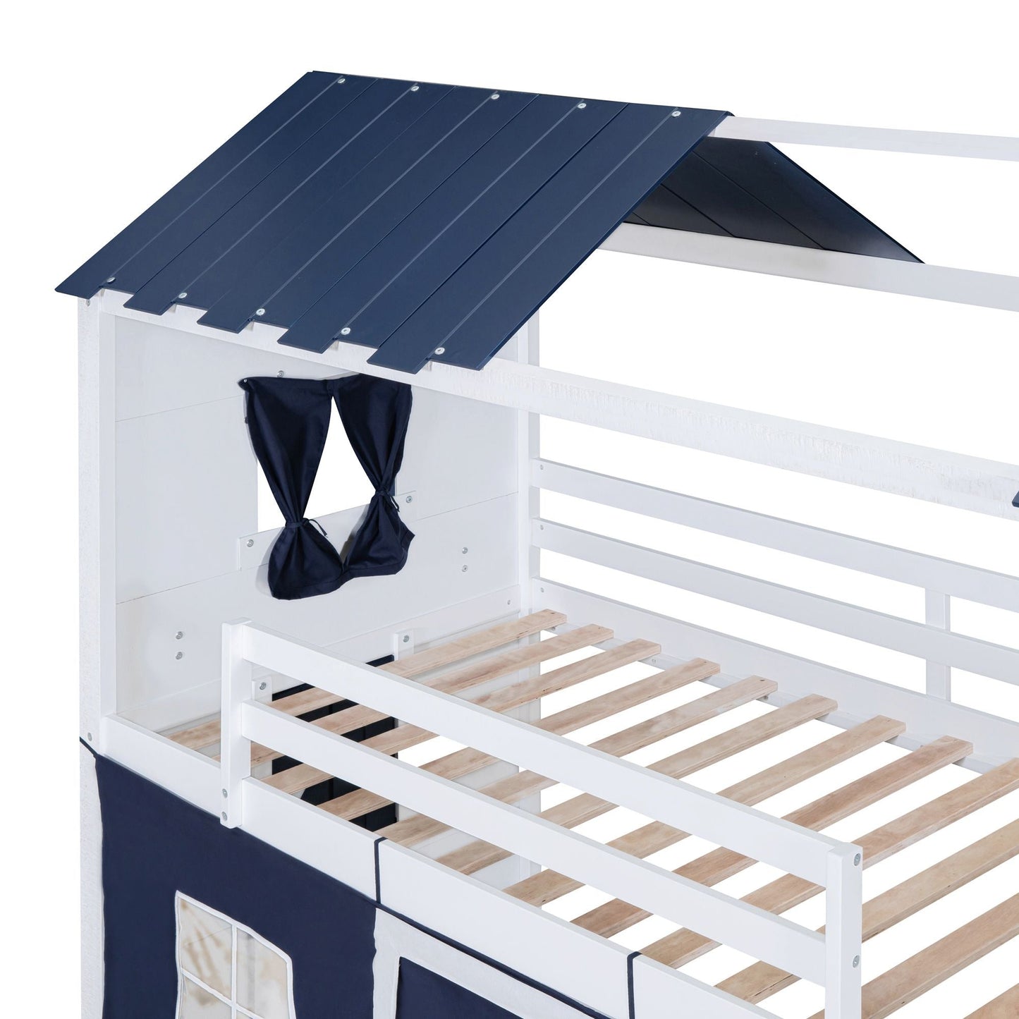 House-Style Twin Wood Bunk Bed with Elegant Windows, Sills, Tent, Blue and White | Just Better Bunk Beds