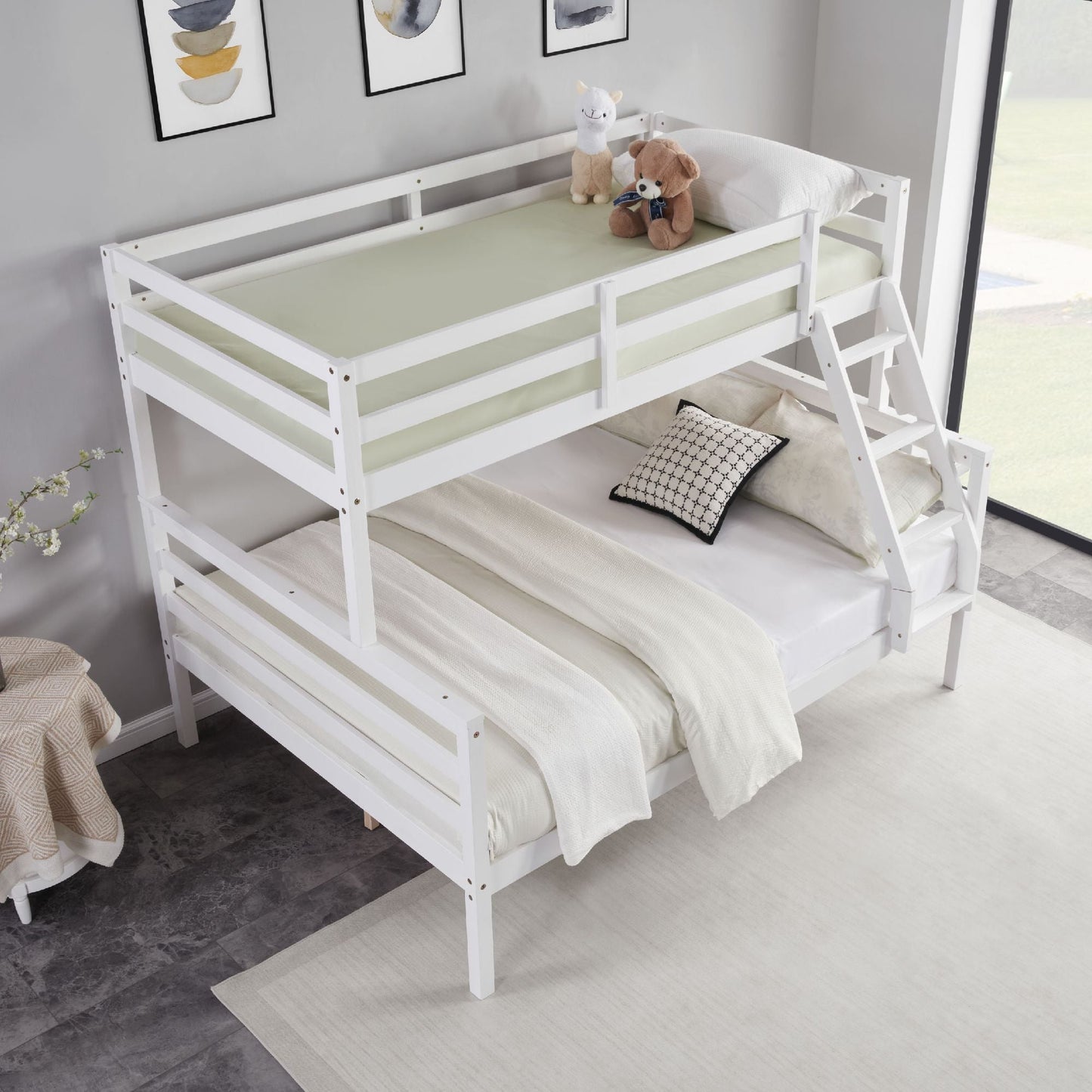 Shared Room Solution Twin Over Full Wood Bunk Bed, White with Ladder and High Guardrail | Just Better Bunk Beds