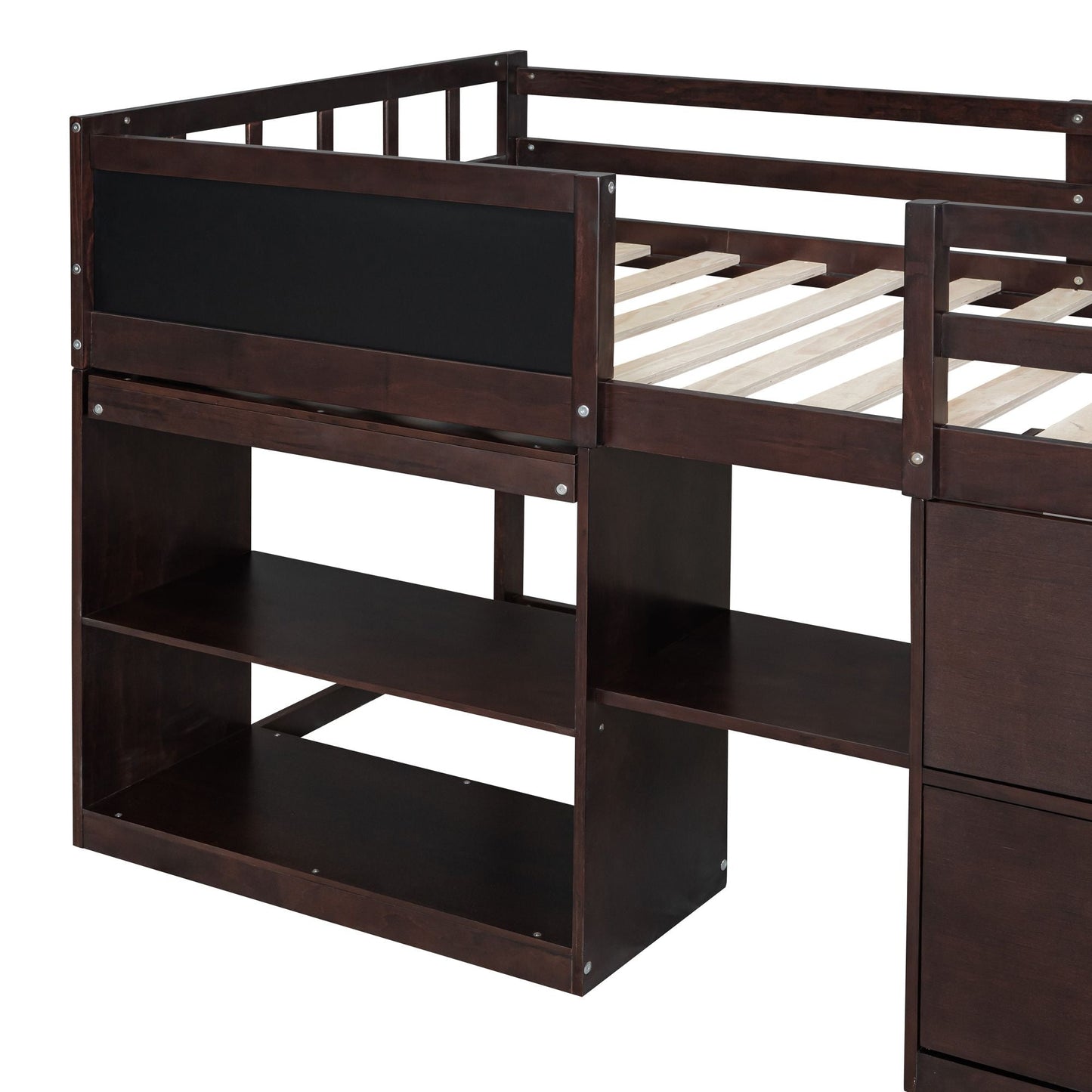 Space-Saving Twin Low Loft Wood Bed with Rolling Desk, Shelf, Drawers, White | Just Better Bunk Beds