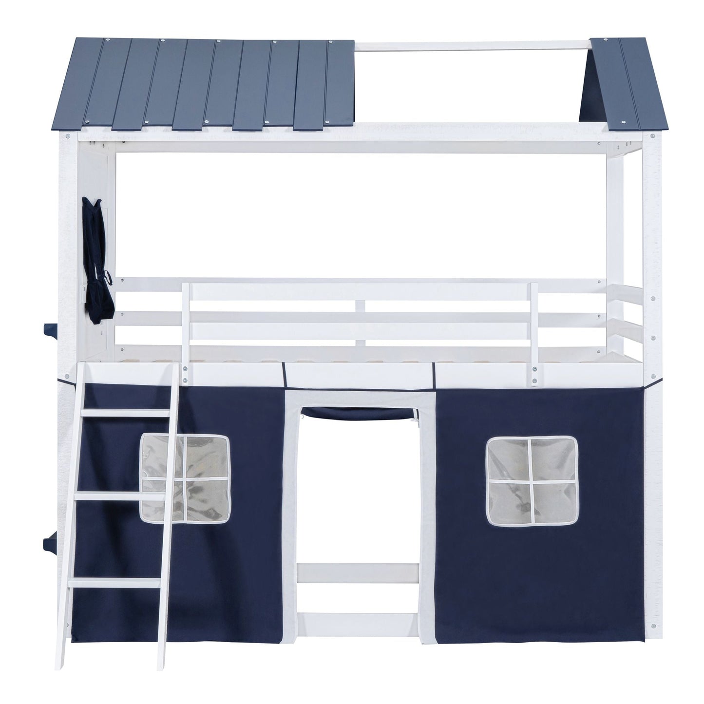 House-Style Twin Wood Bunk Bed with Elegant Windows, Sills, Tent, Blue and White | Just Better Bunk Beds