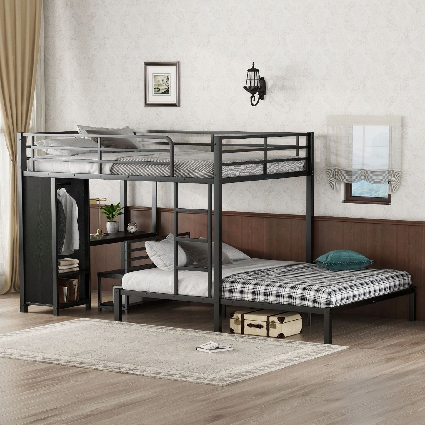 Shared Room Solution Queen Over Queen Metal Bunk Bed with Built-in Wardrobe, Desk, and Storage Chairs, Black | Just Better Bunk Beds