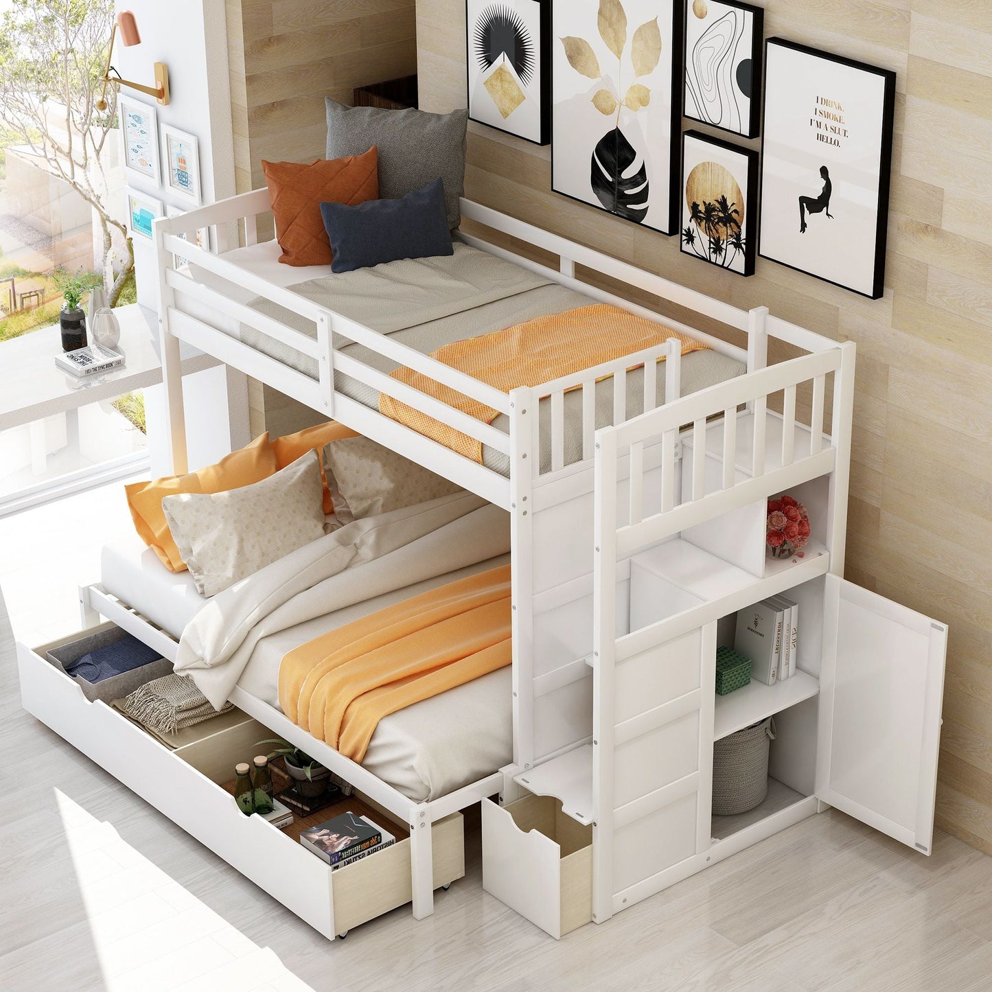 Convertible Twin Over Full Wood Bunk Bed with Storage Shelves and Drawers, White | Just Better Bunk Beds