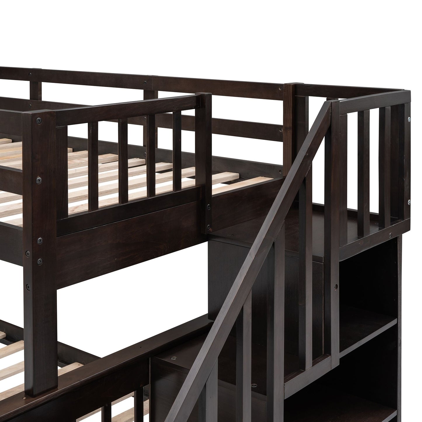 Staircase Storage Twin Over Full Wood Bunk Bed with Drawer, Storage, and Guard Rail, Espresso | Just Better Bunk Beds