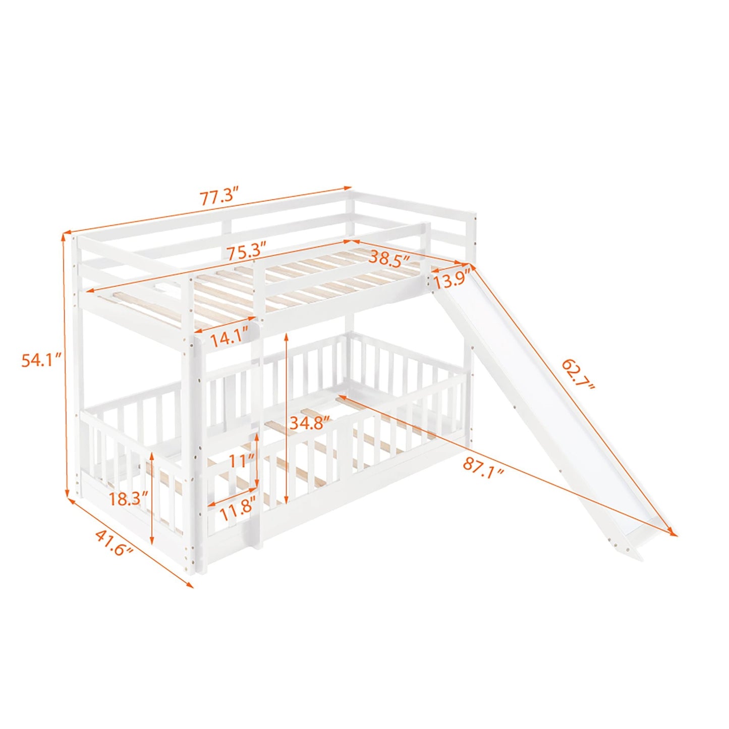 Kids Bedroom Twin Over Twin Wood Bunk Bed with Slide and Ladder, White | Just Better Bunk Beds