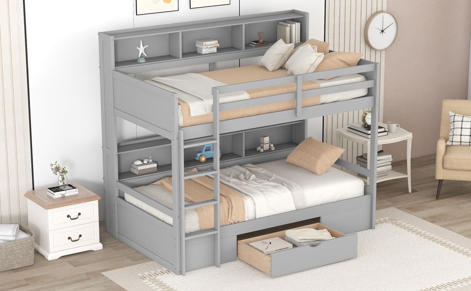Shared Room Solution Twin Wood Bunk Bed with Built-In Shelves and Storage, White | Just Better Bunk Beds