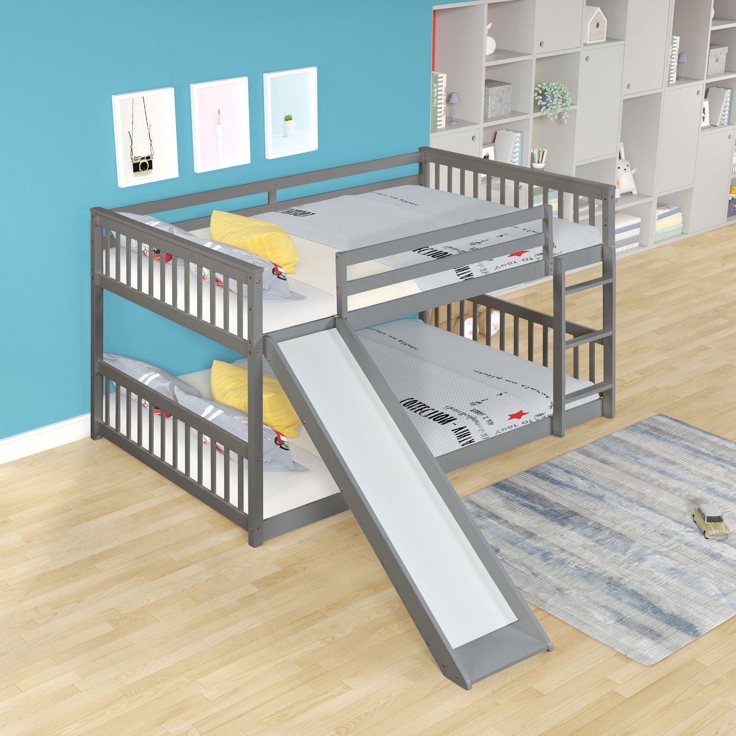 Space-Saving Full Over Full Wood Bunk Bed with Slide and Safety Guardrails, White | Just Better Bunk Beds