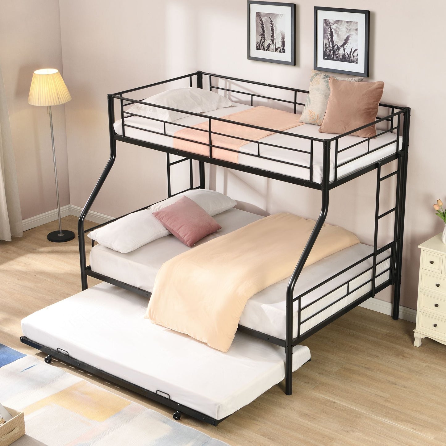 Twin Over Full with trundle Metal Bunk Bed ,  No Box Spring Needed,  Easy Assemble
