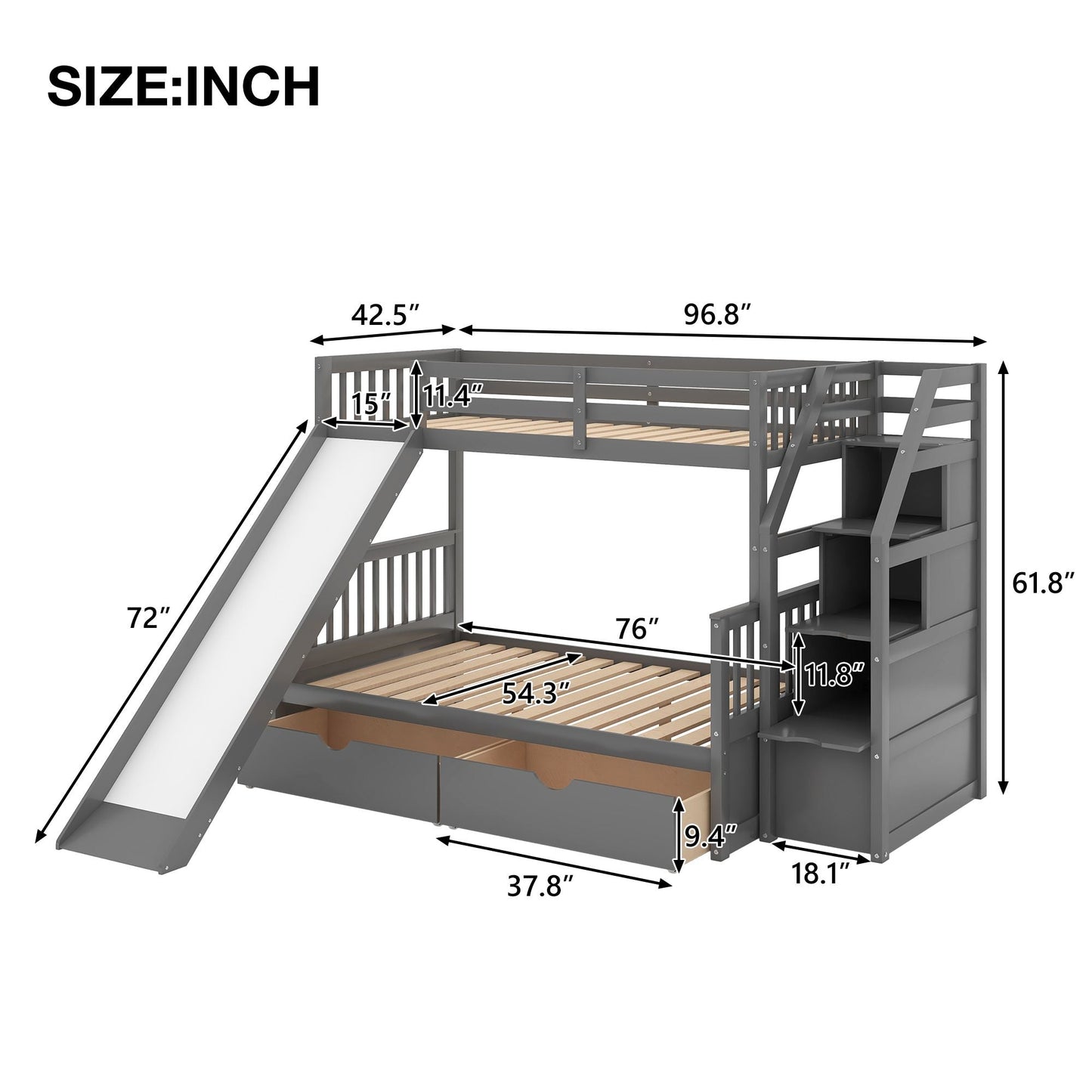 Multifunction Twin Over Full Wood Bunk Bed with Drawers, Storage and Slide, Gray | Just Better Bunk Beds
