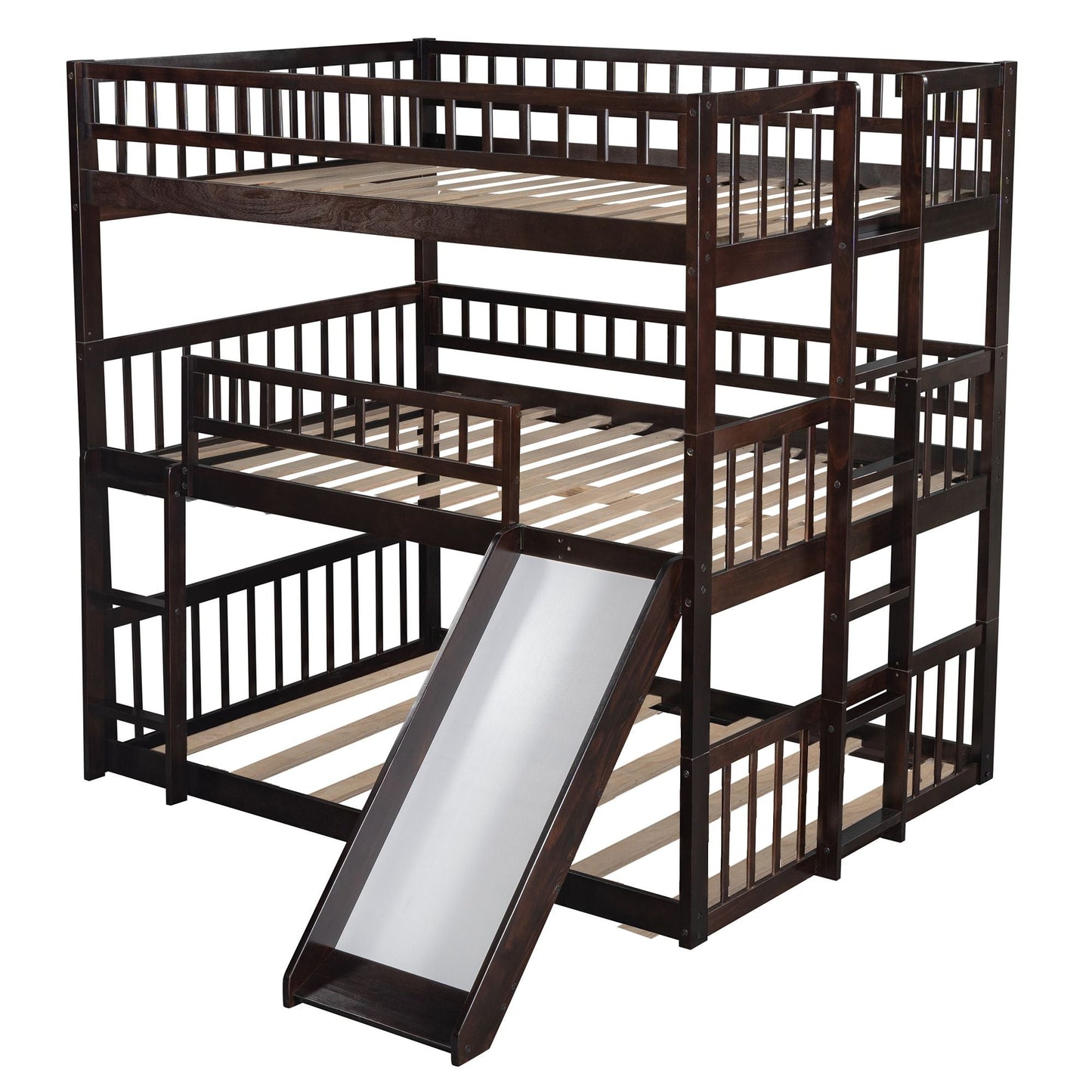 Shared Room Solution Full Over Full Over Full Wood Triple Bunk Bed with Ladder, Slide, Guardrails, Espresso | Just Better Bunk Beds