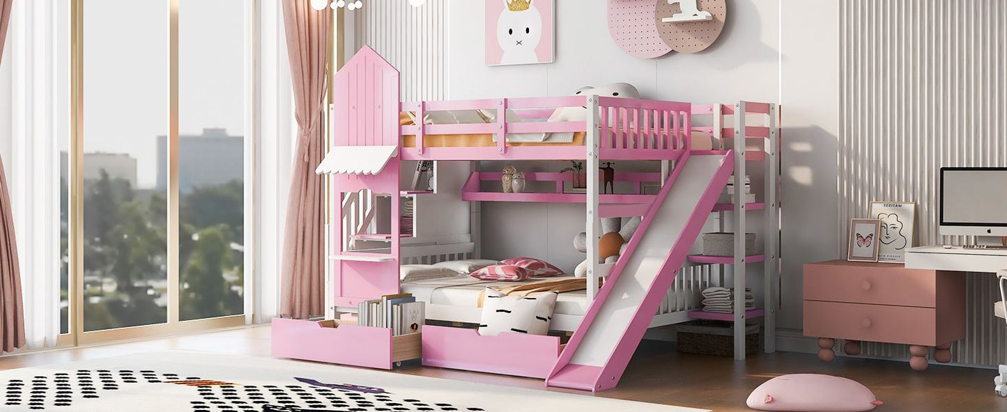 House-Style Full Over Full Wood Castle Bunk Bed with Drawers, Shelves, and Slide, Pink | Just Better Bunk Beds