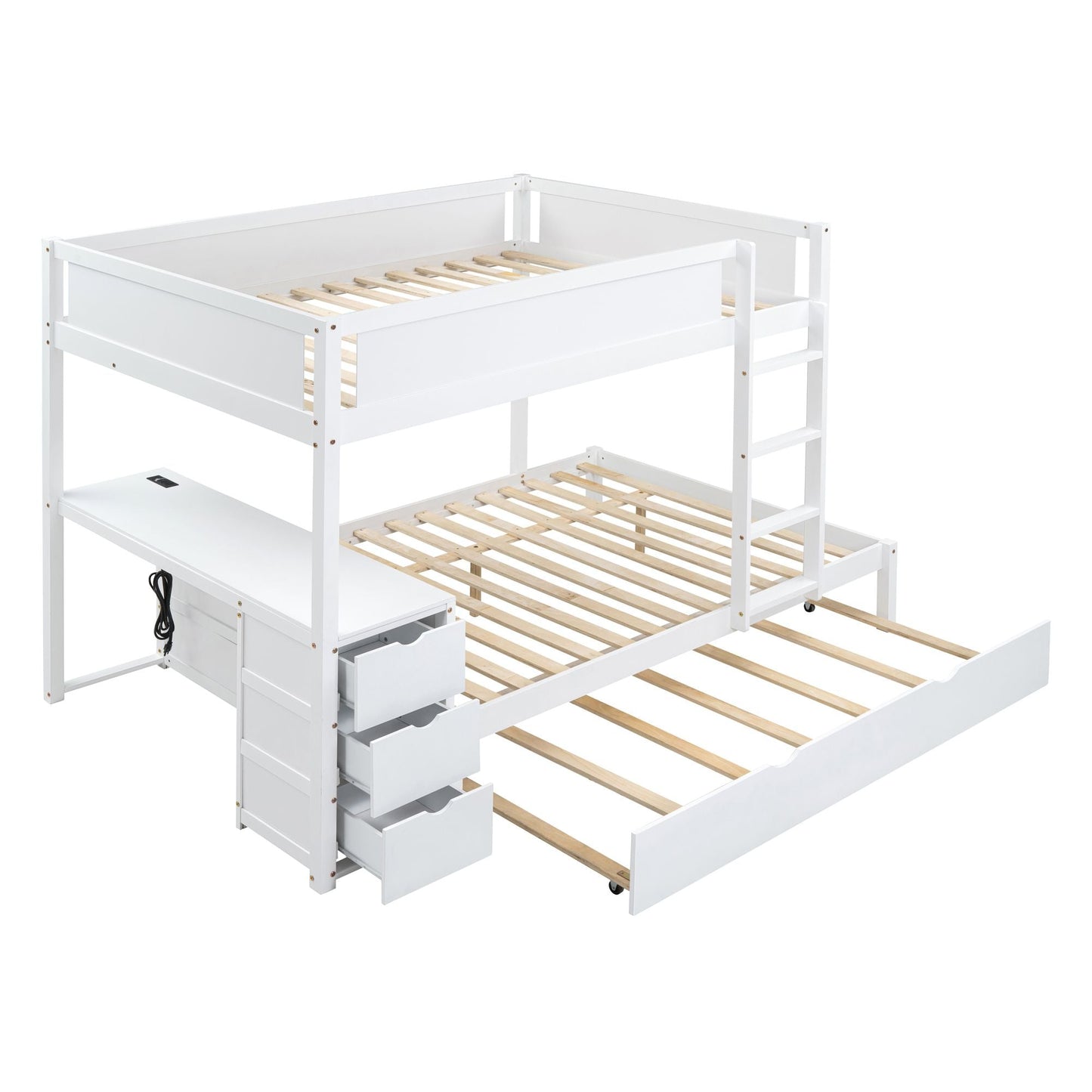 Multi-Functional Full Over Full Wood Bunk Bed with Twin Trundle, Storage, Desk, White | Just Better Bunk Beds