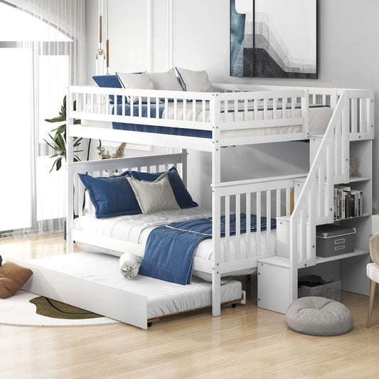 Staircase Storage Full Over Full Wood Bunk Bed with Trundle, White | Just Better Bunk Beds