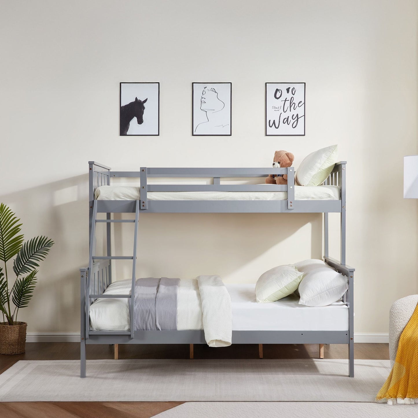 Kids Bedroom Twin Over Full Wood Bunk Bed with Flexible Ladder, Gray | Just Better Bunk Beds
