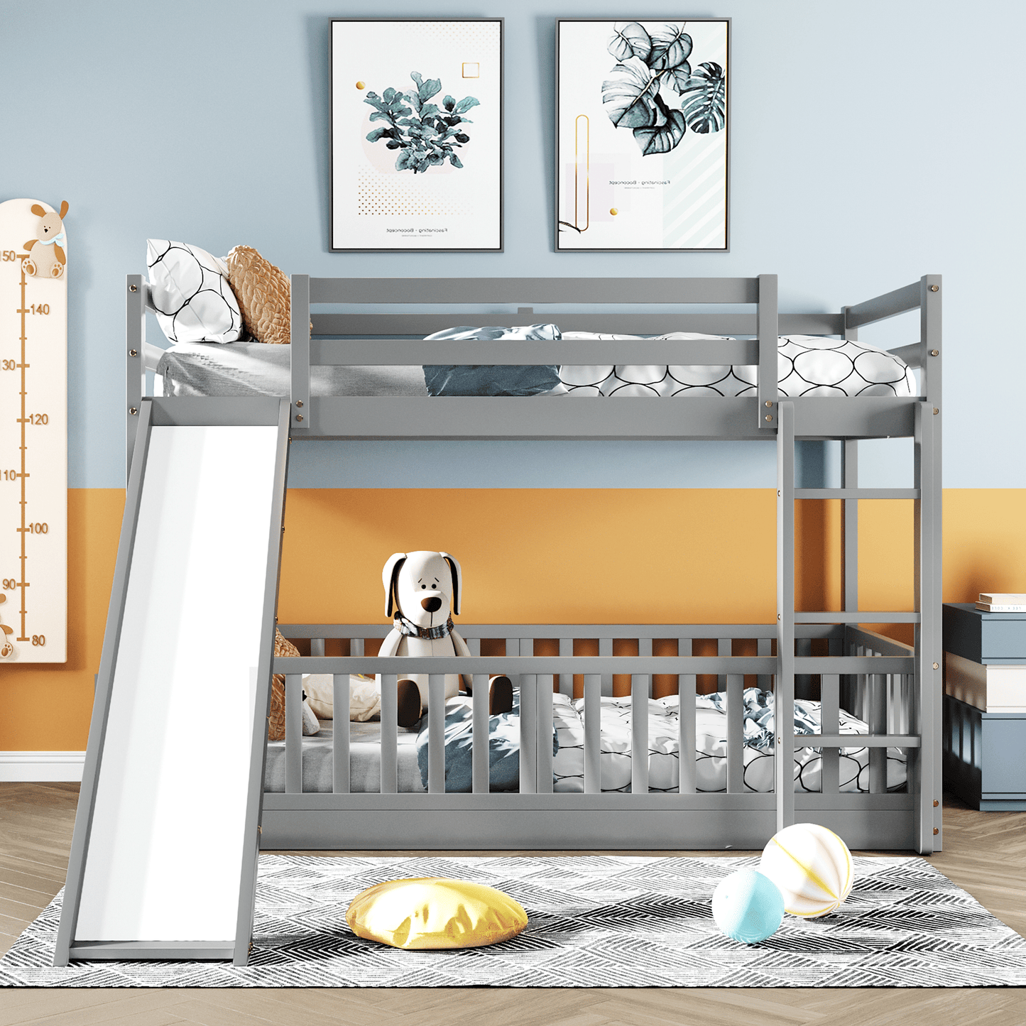 Kids Bedroom Twin Over Twin Wood Bunk Bed with Slide and Ladder, White | Just Better Bunk Beds