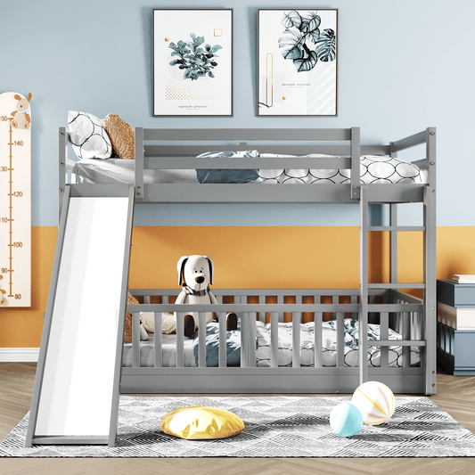 Kids Bedroom Twin Over Twin Wood Bunk Bed with Slide and Ladder, White | Just Better Bunk Beds