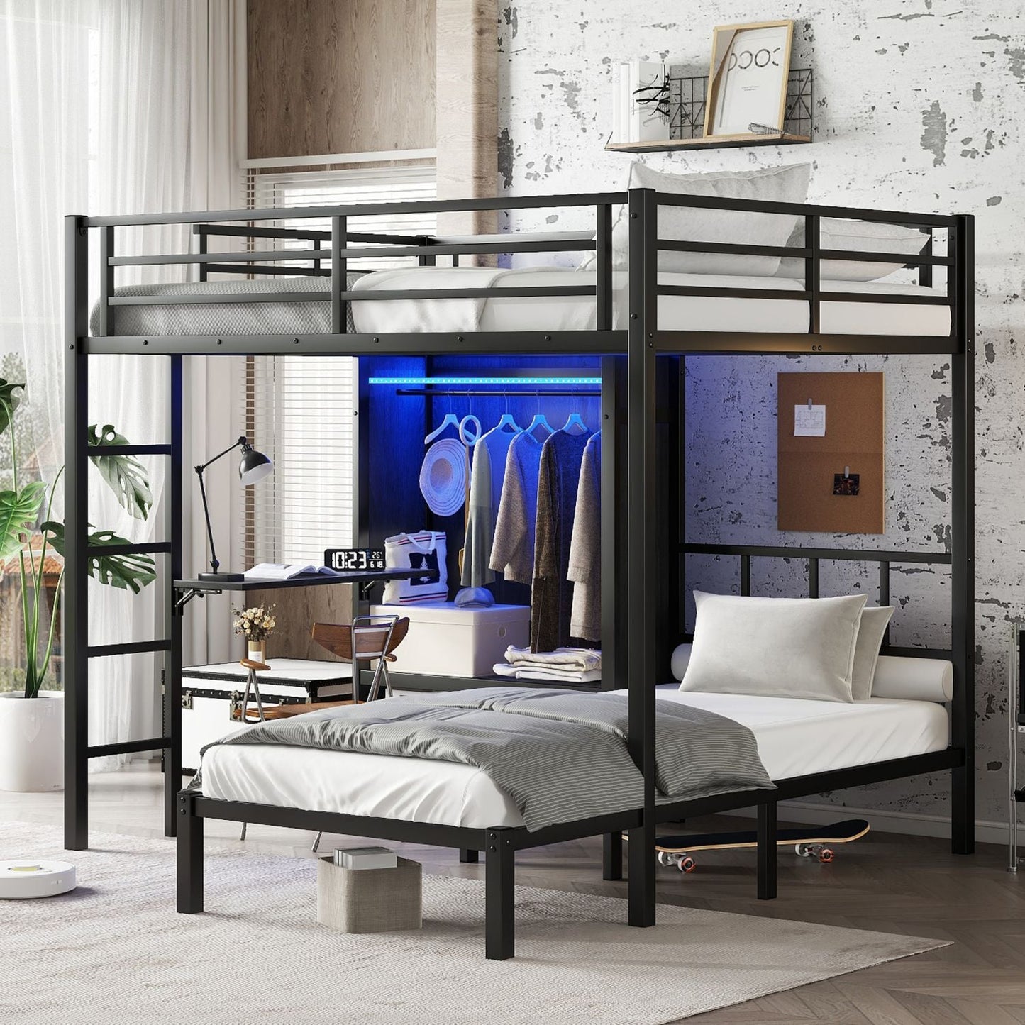 Space-Saving Full XL Over Twin Metal Bunk Bed with Folding Desk and LED Closet, Black | Just Better Bunk Beds