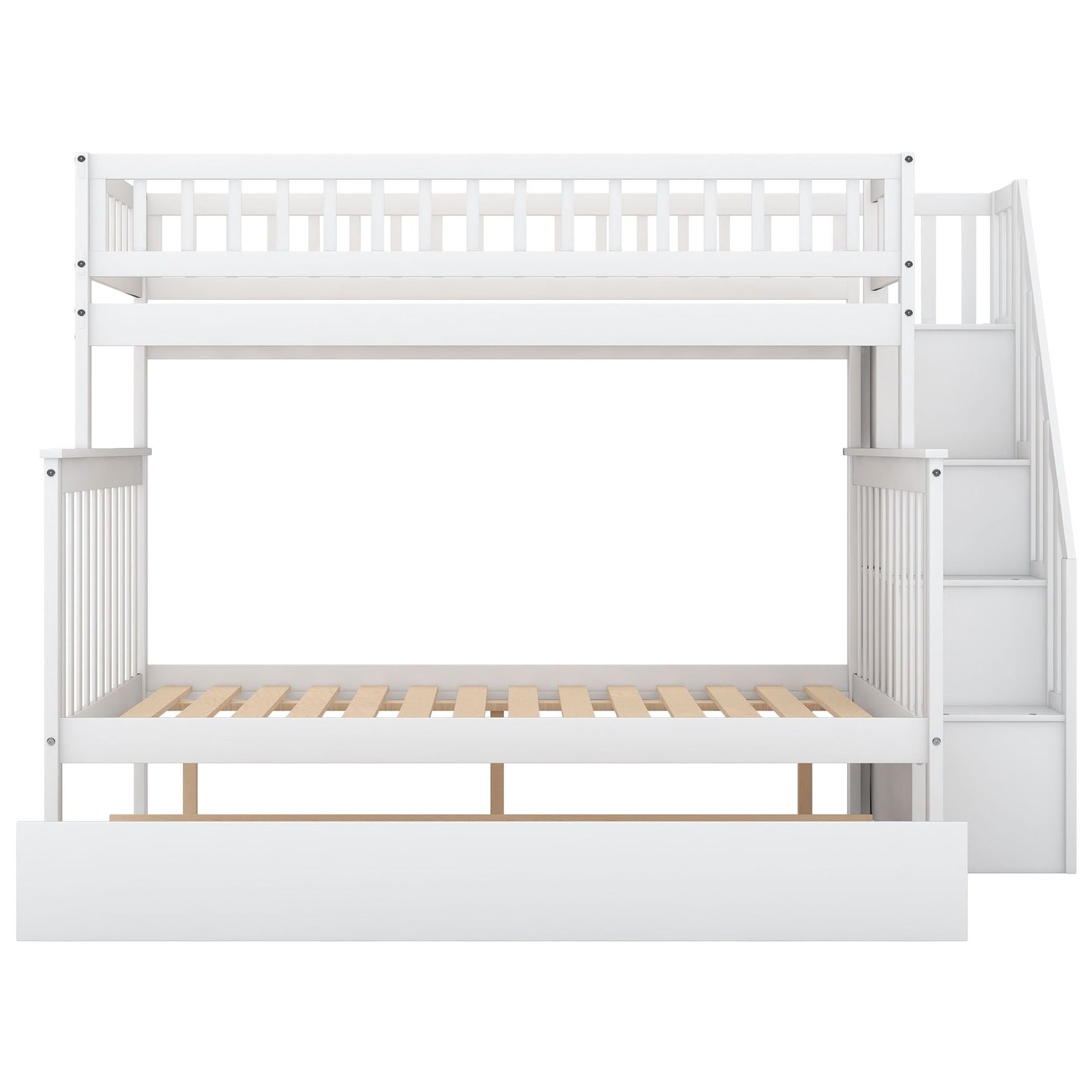 Shared Room Solution Twin Over Full Wood Bunk Bed with Trundle and Staircase, White | Just Better Bunk Beds