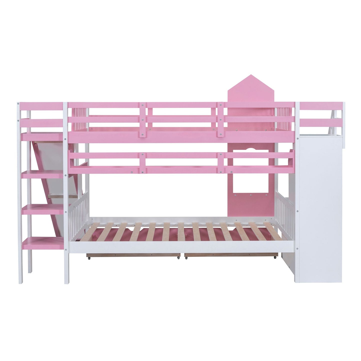House-Style Full Over Full Wood Castle Bunk Bed with Drawers, Shelves, and Slide, Pink | Just Better Bunk Beds
