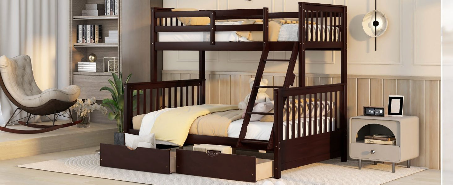 Heavy-Duty Twin Over Full Wood Bunk Bed with Ladder and Two Storage Drawers, Espresso | Just Better Bunk Beds