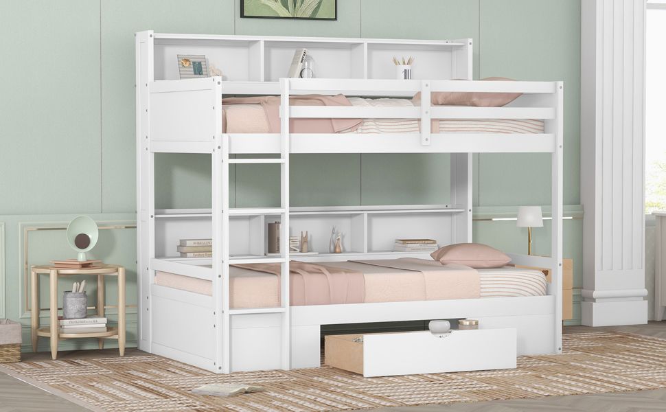 Organized Twin Wood Bunk Bed with Built-In Shelves and Storage Drawer, White | Just Better Bunk Beds