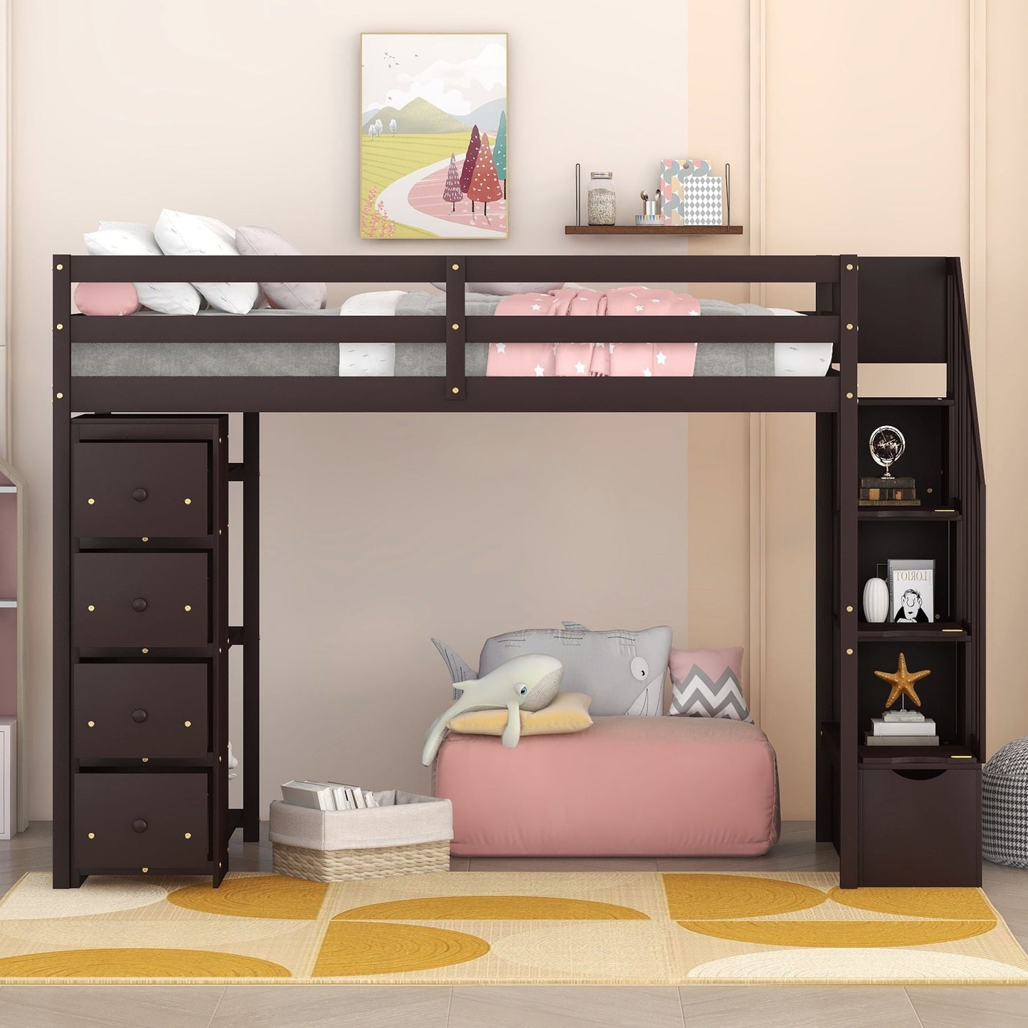 Kids Bedroom Twin Wood Loft Bed with Storage Drawers and Stairs, Espresso | Just Better Bunk Beds