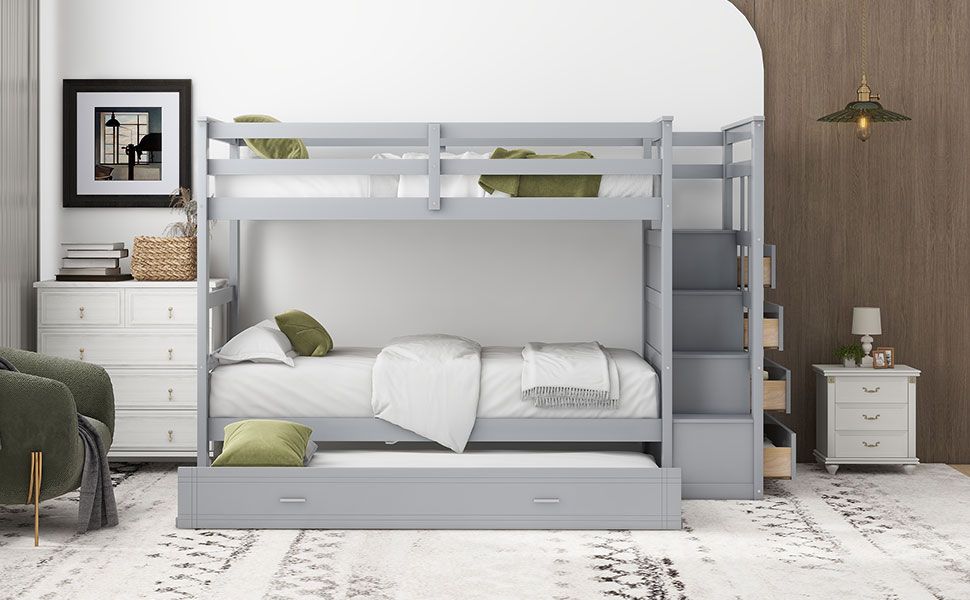 Staircase Storage Twin Over Twin Wood Bunk Bed with Trundle, Gray | Just Better Bunk Beds
