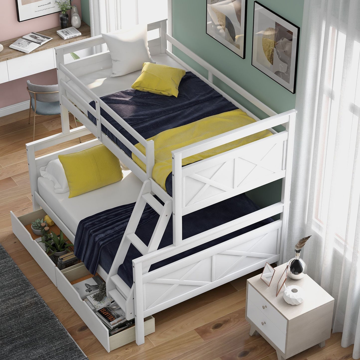 Twin over Full Bunk Bed with Ladder,  Two Storage Drawers,  Safety Guardrail,  White