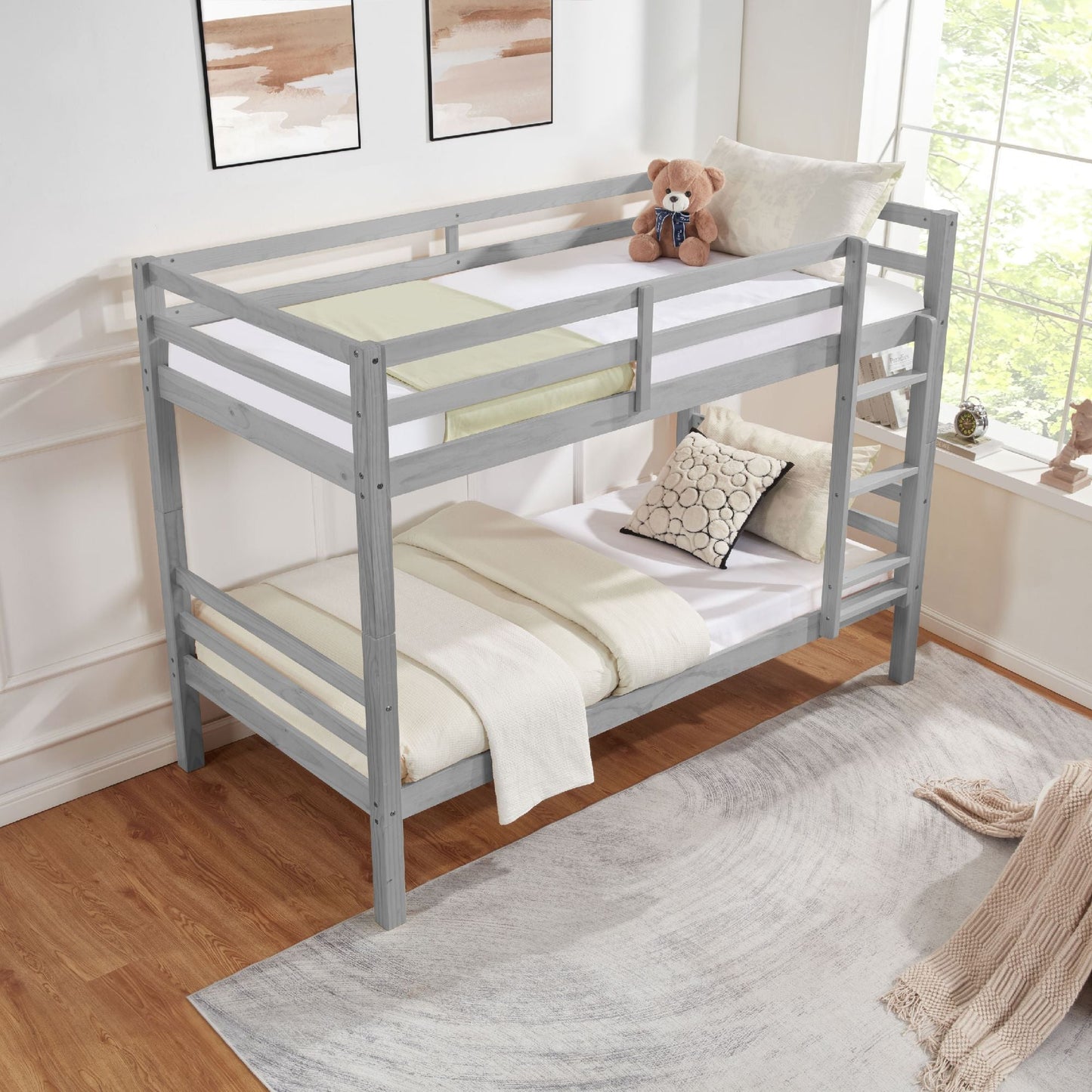 Heavy-Duty Twin Over Twin Wood Bunk Bed, Gray with Thick Posts, Ladder, and High Guardrail | Just Better Bunk Beds